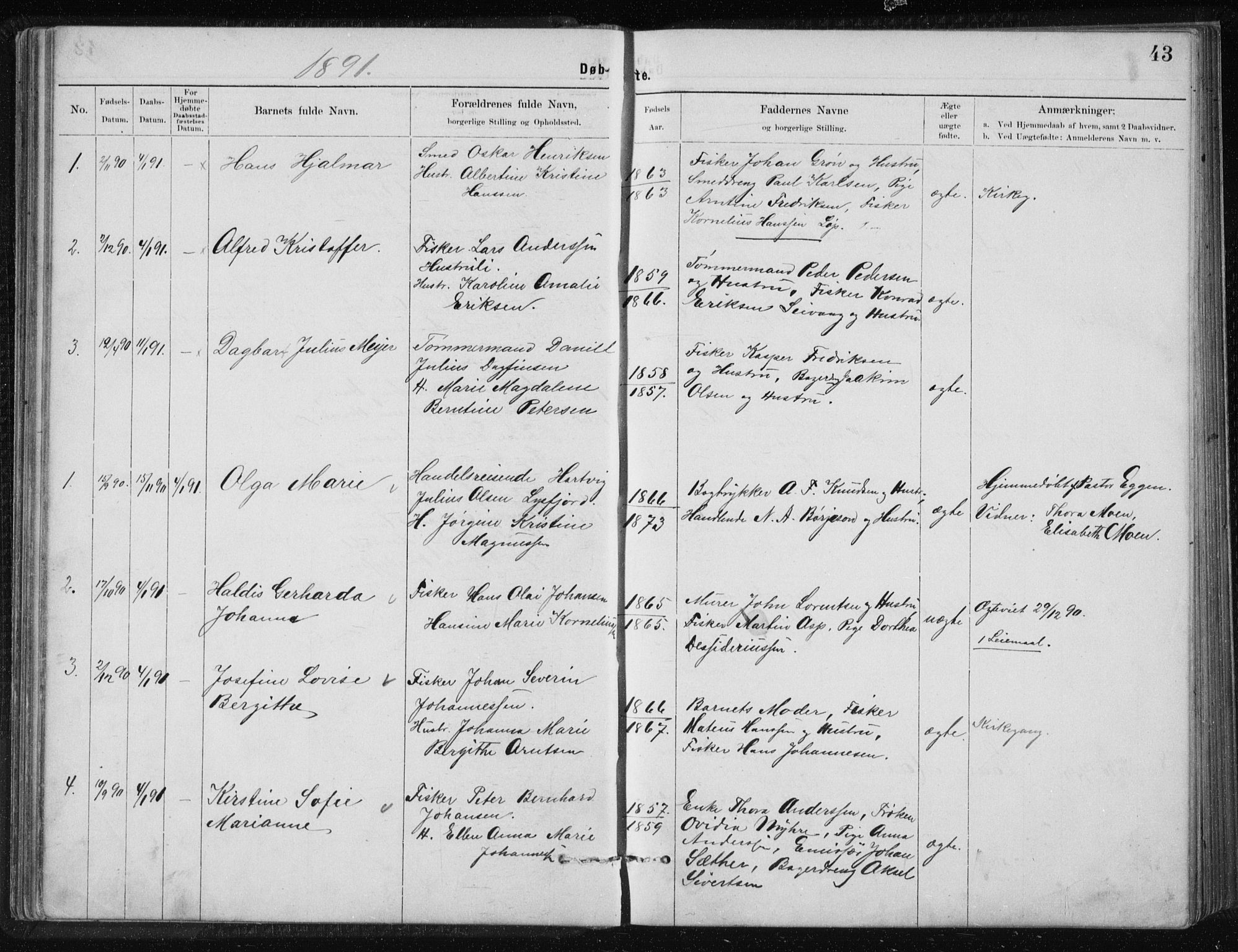 Ministerialprotokoller, klokkerbøker og fødselsregistre - Nordland, AV/SAT-A-1459/801/L0032: Parish register (copy) no. 801C07, 1889-1897, p. 43