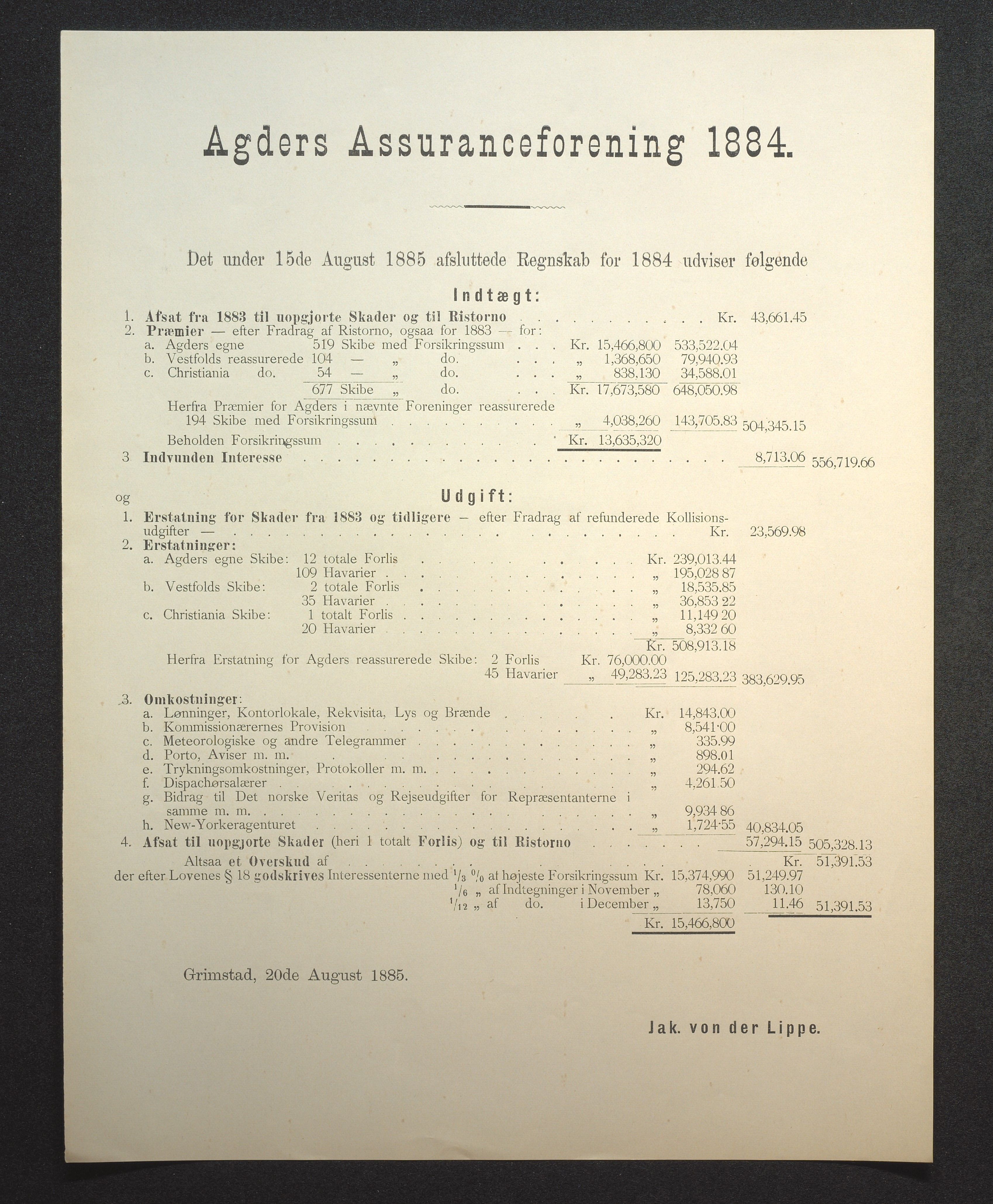 Agders Gjensidige Assuranceforening, AAKS/PA-1718/05/L0002: Regnskap, seilavdeling, pakkesak, 1881-1889