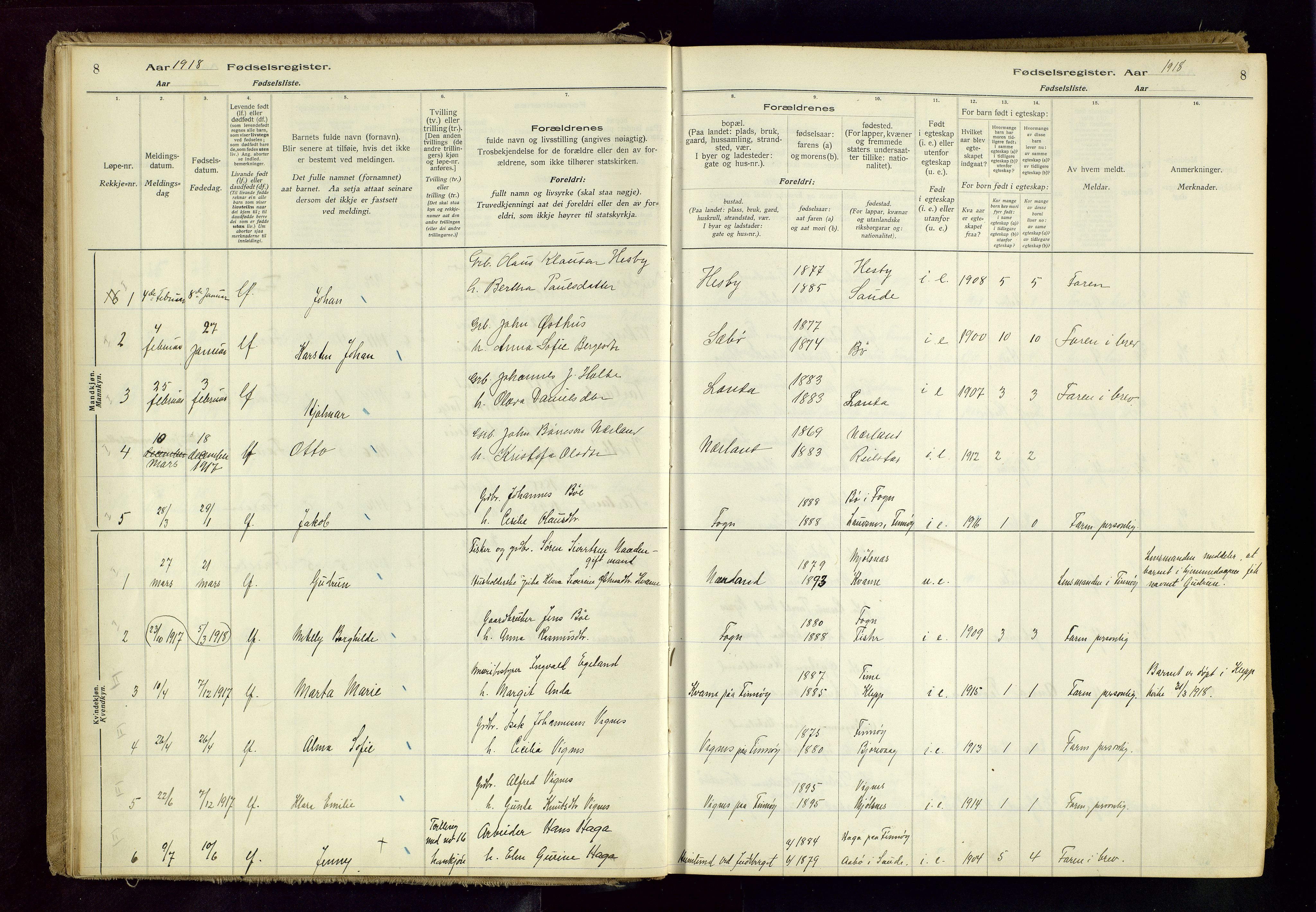 Finnøy sokneprestkontor, AV/SAST-A-101825/I/Id/L0001: Birth register no. 1, 1916-1977, p. 8