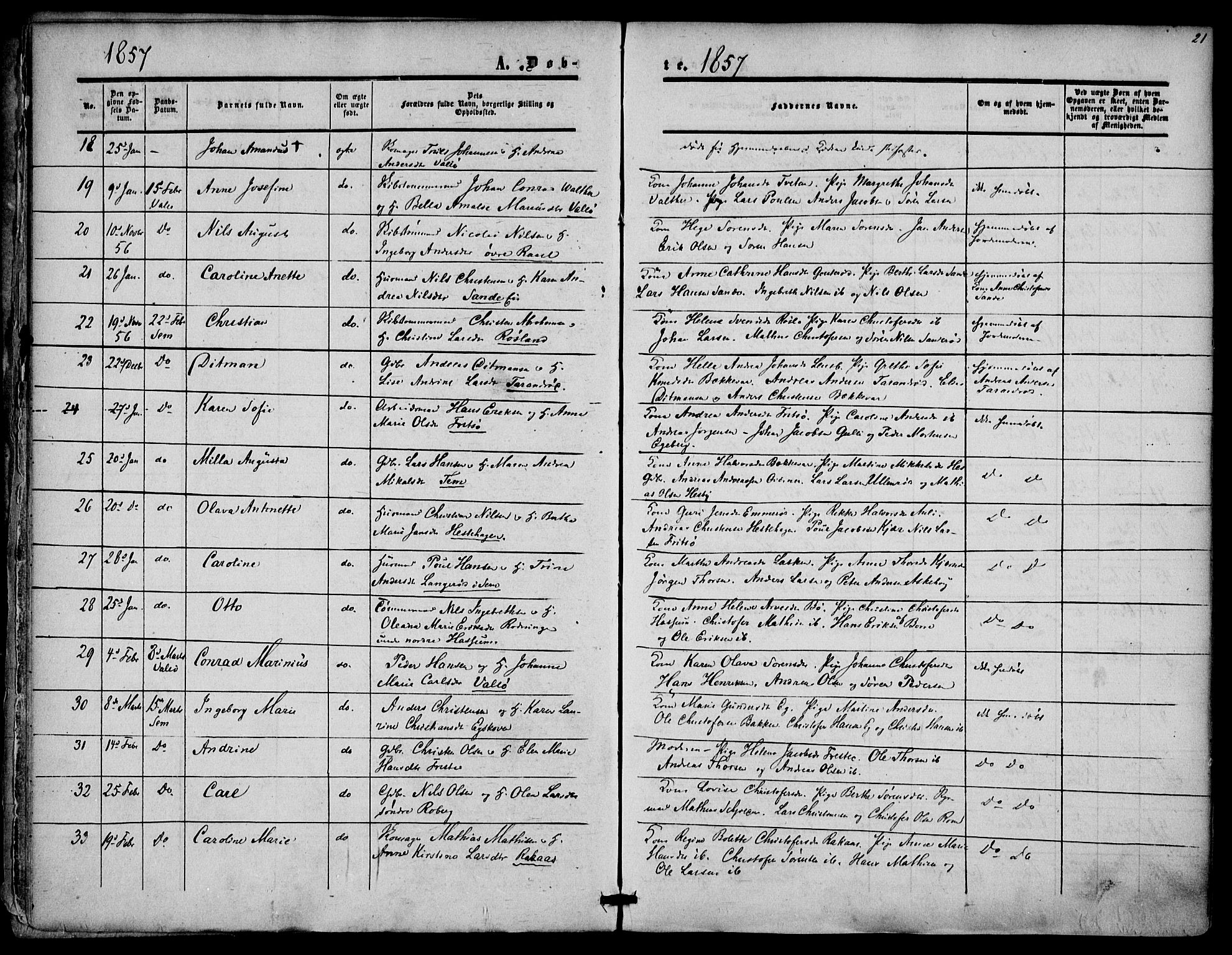 Sem kirkebøker, AV/SAKO-A-5/F/Fa/L0007: Parish register (official) no. I 7, 1856-1865, p. 21