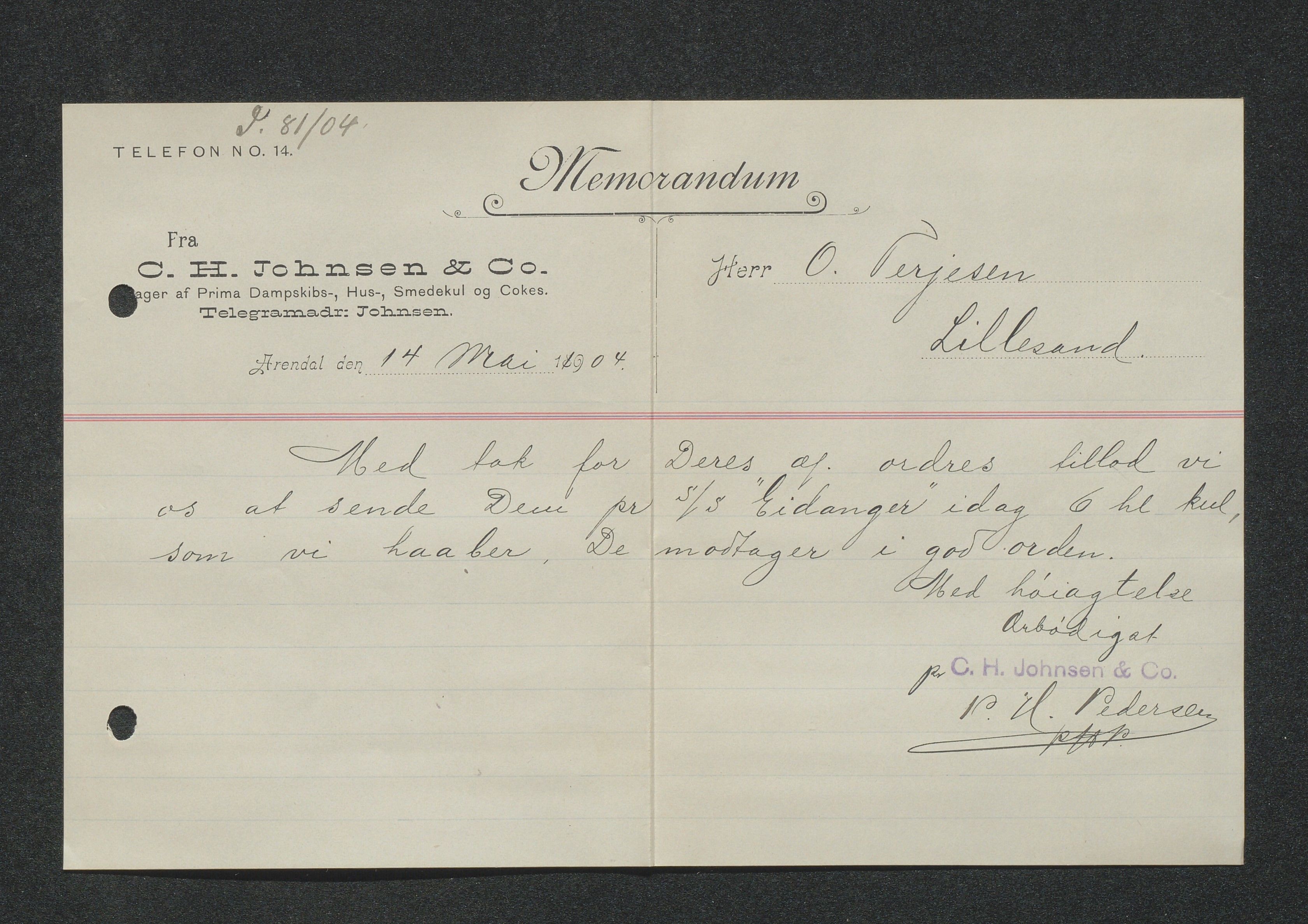 O. Terjesens rederi, AAKS/PA-2525/E/E01/L0013: Korrespondanse, 1904-1905