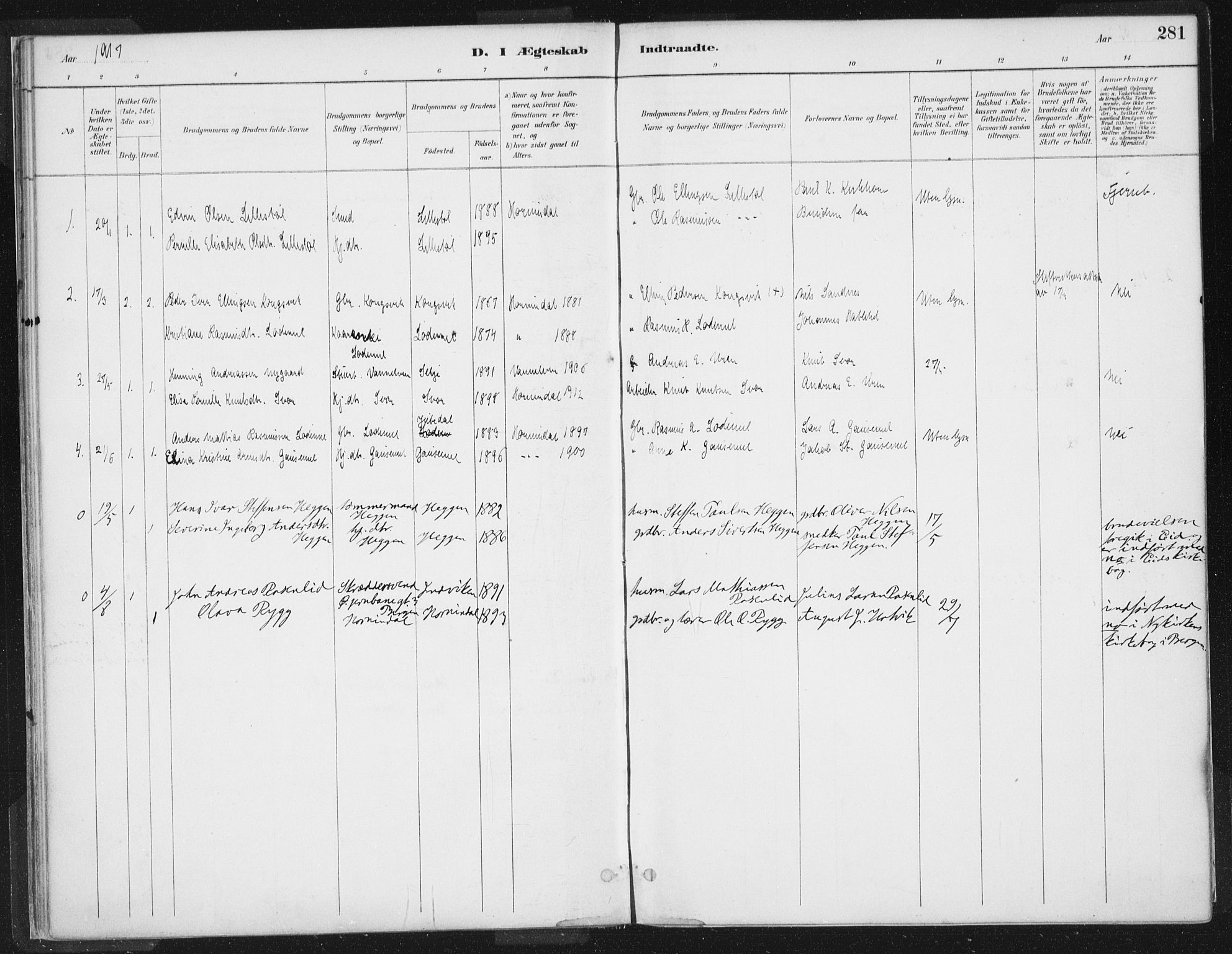 Hornindal sokneprestembete, AV/SAB-A-82401/H/Haa/Haaa/L0003/0002: Parish register (official) no. A 3B, 1885-1917, p. 281