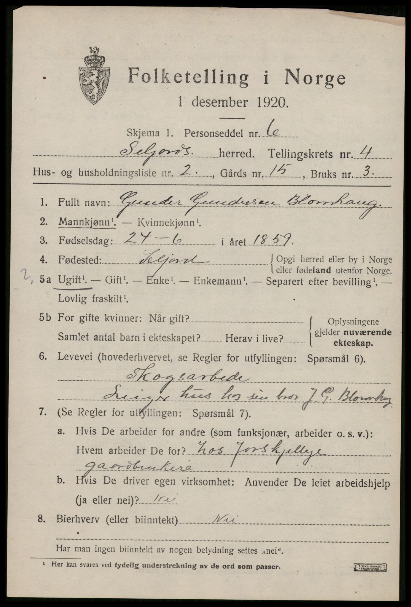 SAKO, 1920 census for Seljord, 1920, p. 2112