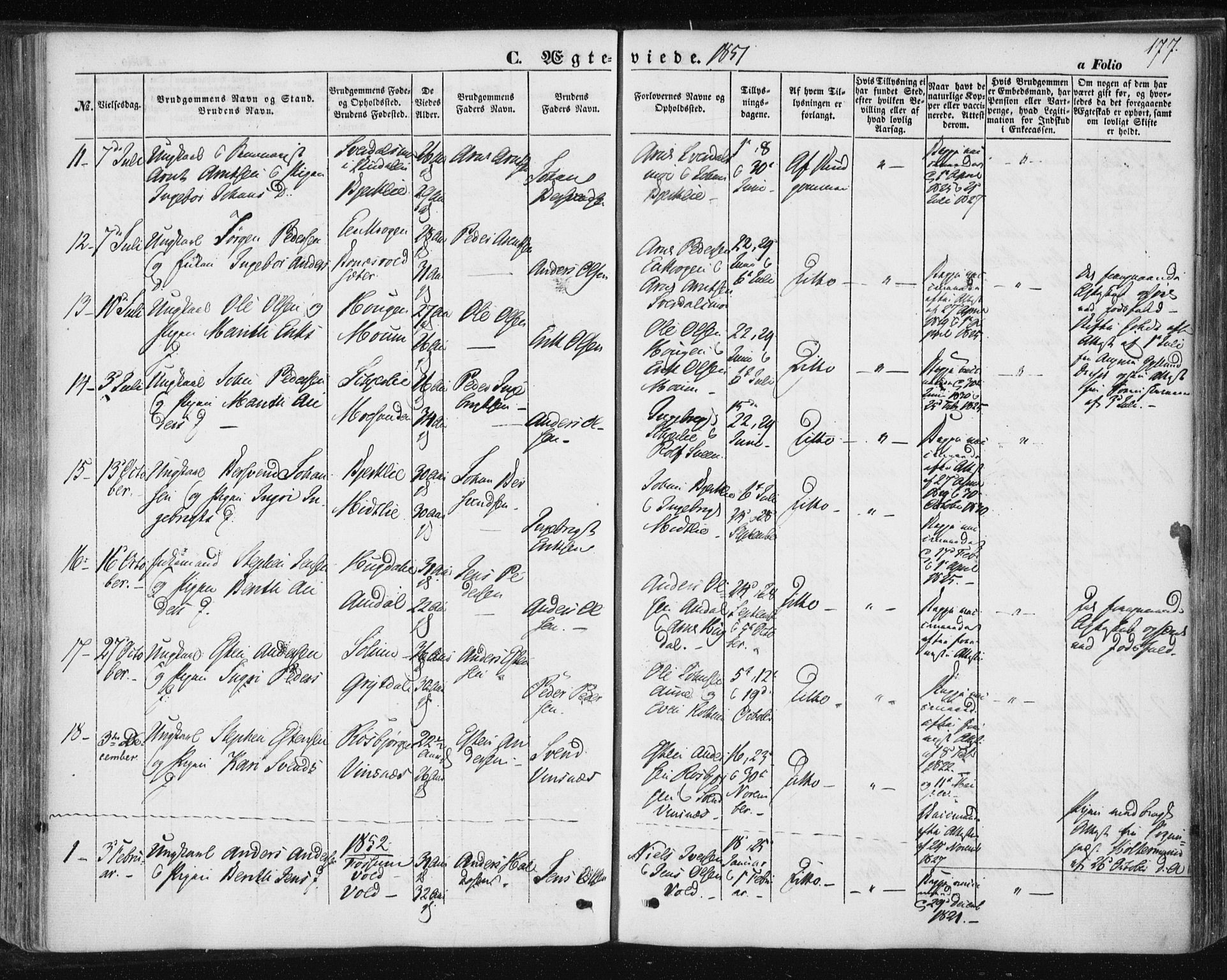 Ministerialprotokoller, klokkerbøker og fødselsregistre - Sør-Trøndelag, AV/SAT-A-1456/687/L1000: Parish register (official) no. 687A06, 1848-1869, p. 177