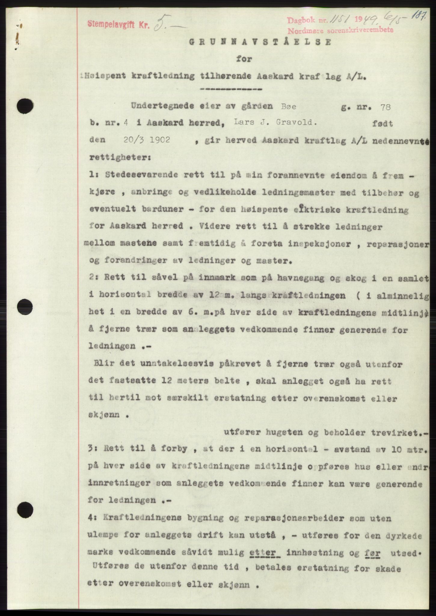 Nordmøre sorenskriveri, AV/SAT-A-4132/1/2/2Ca: Mortgage book no. B101, 1949-1949, Diary no: : 1151/1949