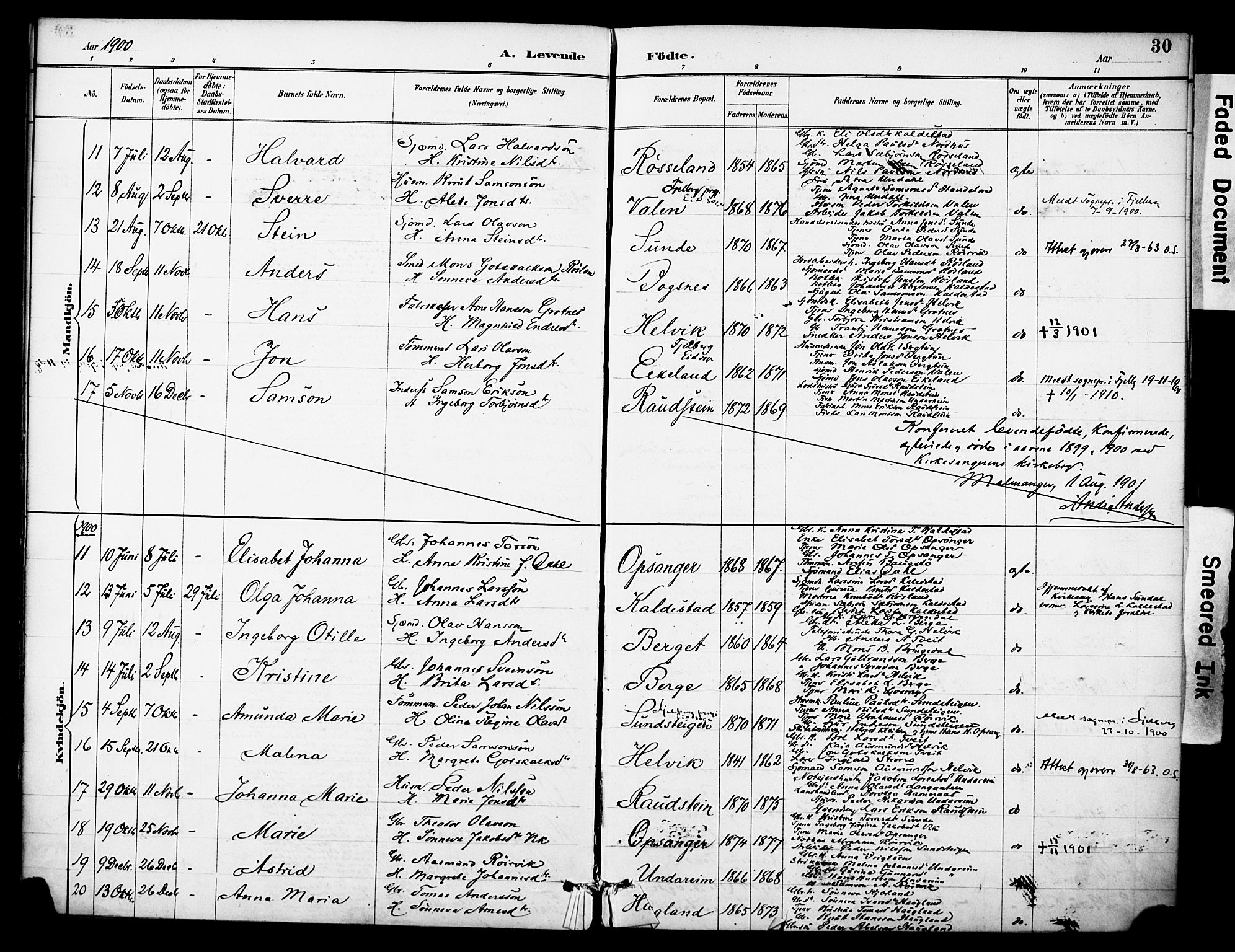 Kvinnherad sokneprestembete, AV/SAB-A-76401/H/Haa: Parish register (official) no. D 1, 1887-1910, p. 30