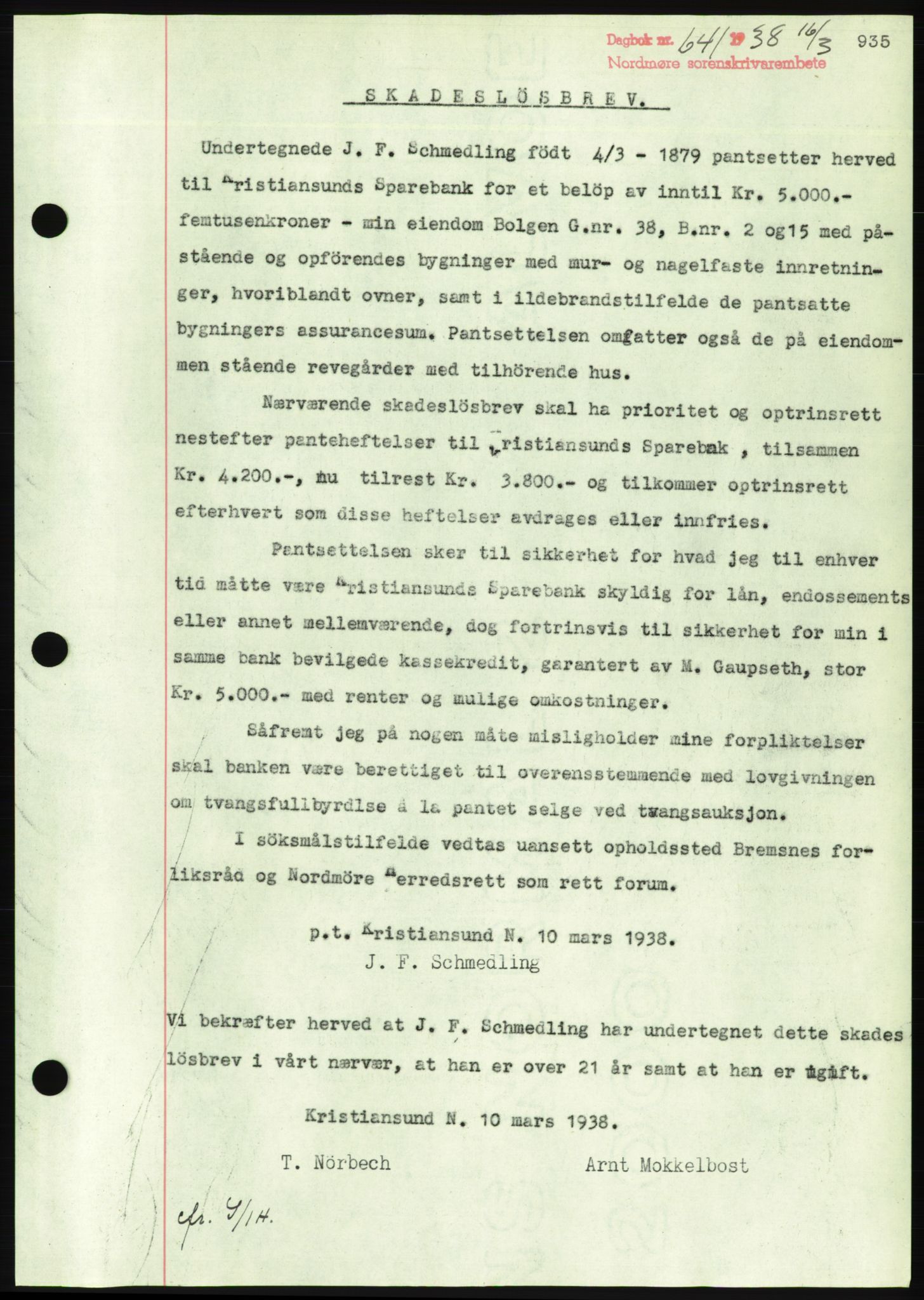 Nordmøre sorenskriveri, AV/SAT-A-4132/1/2/2Ca/L0092: Mortgage book no. B82, 1937-1938, Diary no: : 641/1938