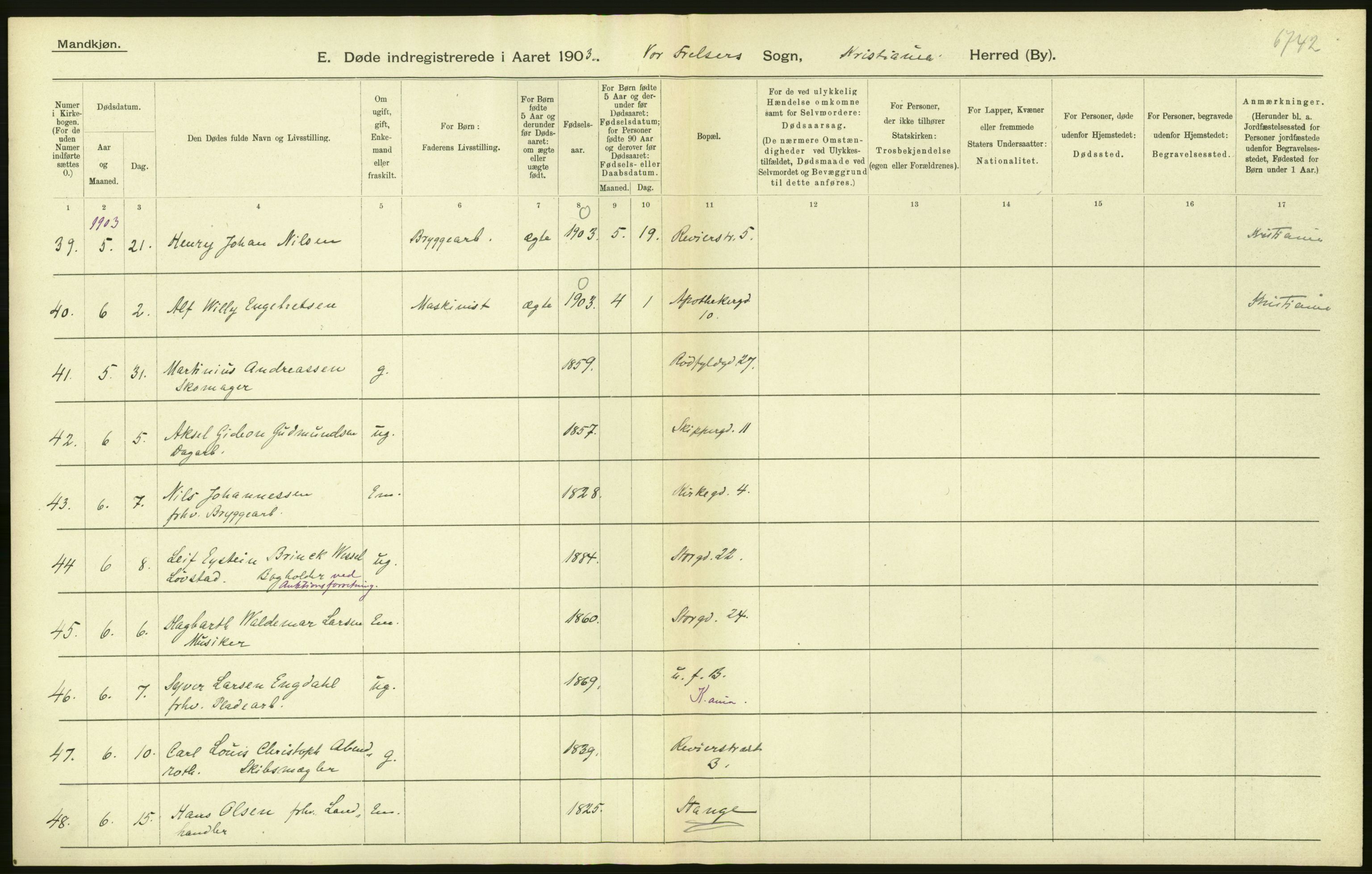 Statistisk sentralbyrå, Sosiodemografiske emner, Befolkning, RA/S-2228/D/Df/Dfa/Dfaa/L0004: Kristiania: Gifte, døde, 1903, p. 110