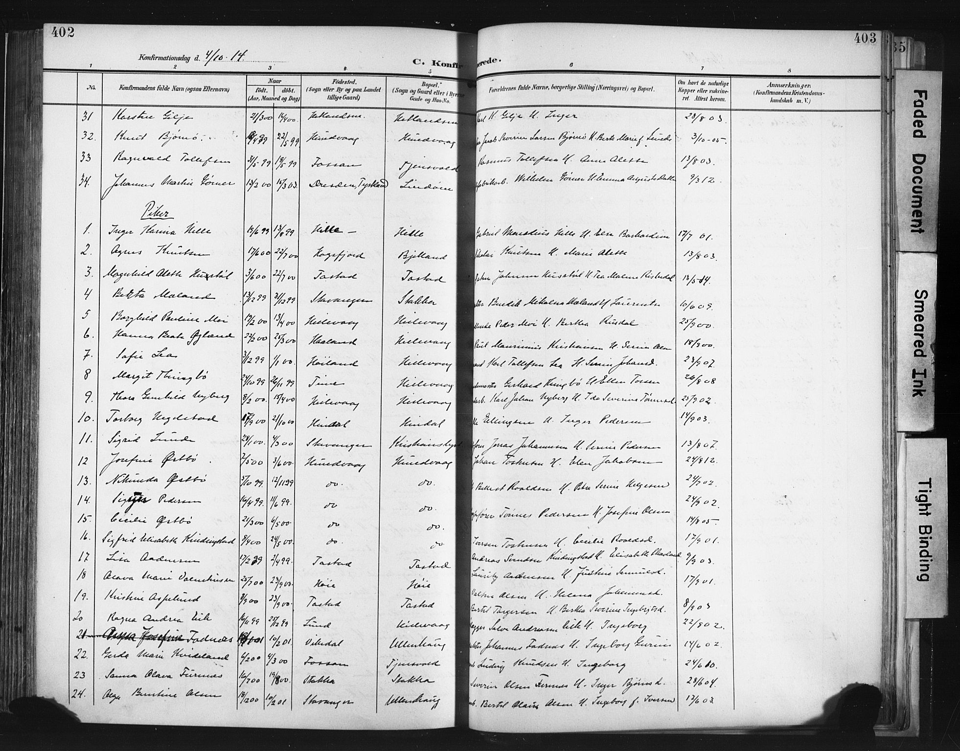 Hetland sokneprestkontor, SAST/A-101826/30/30BA/L0013: Parish register (official) no. A 13, 1904-1918, p. 402-403