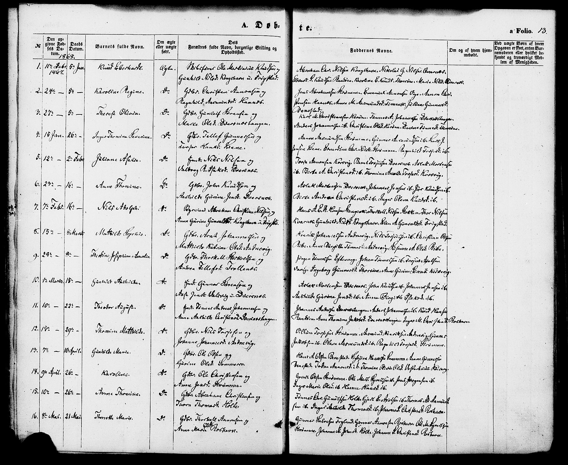 Oddernes sokneprestkontor, SAK/1111-0033/F/Fa/Fab/L0001: Parish register (official) no. A 1, 1865-1884, p. 13