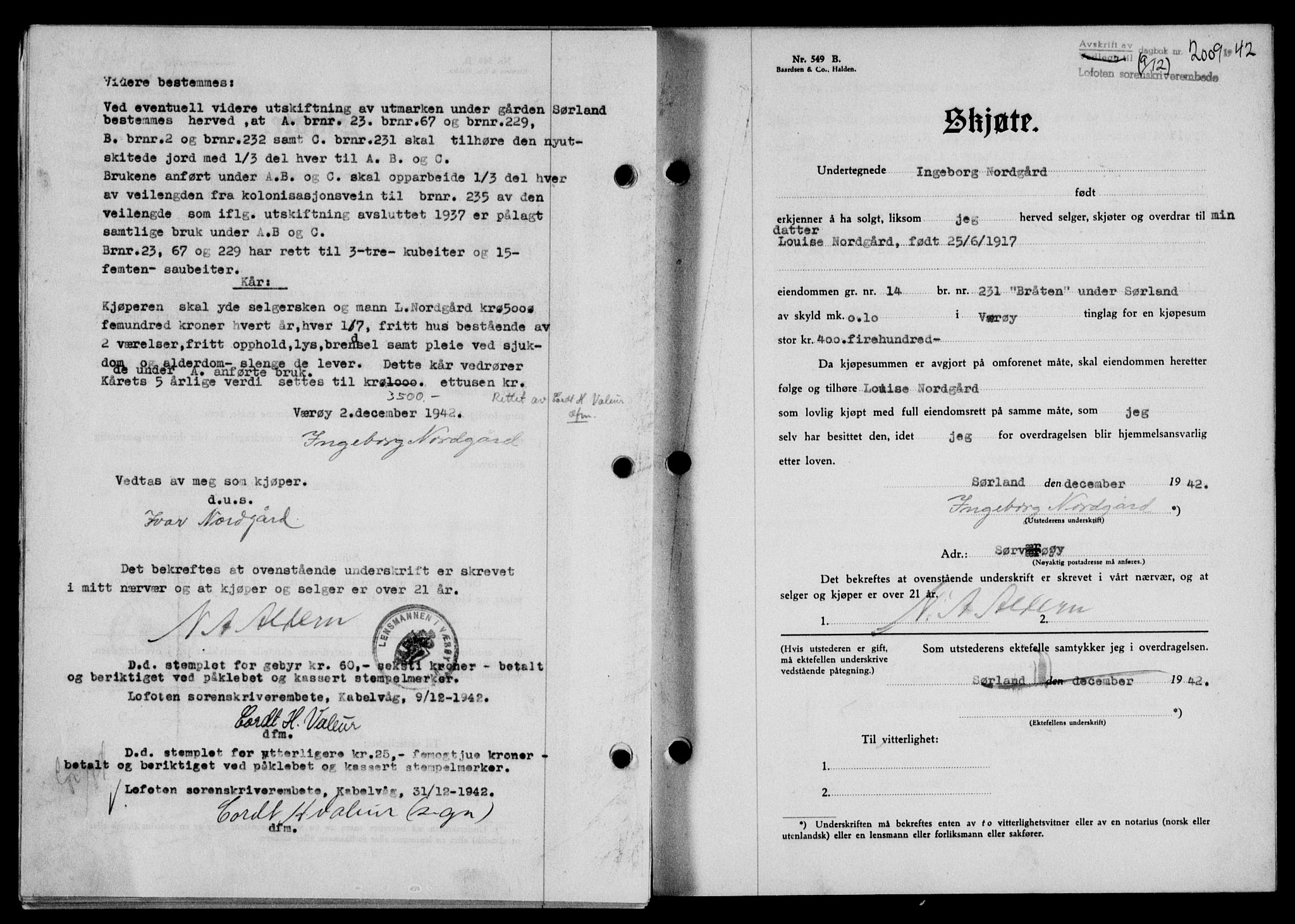 Lofoten sorenskriveri, SAT/A-0017/1/2/2C/L0010a: Mortgage book no. 10a, 1942-1943, Diary no: : 2009/1942