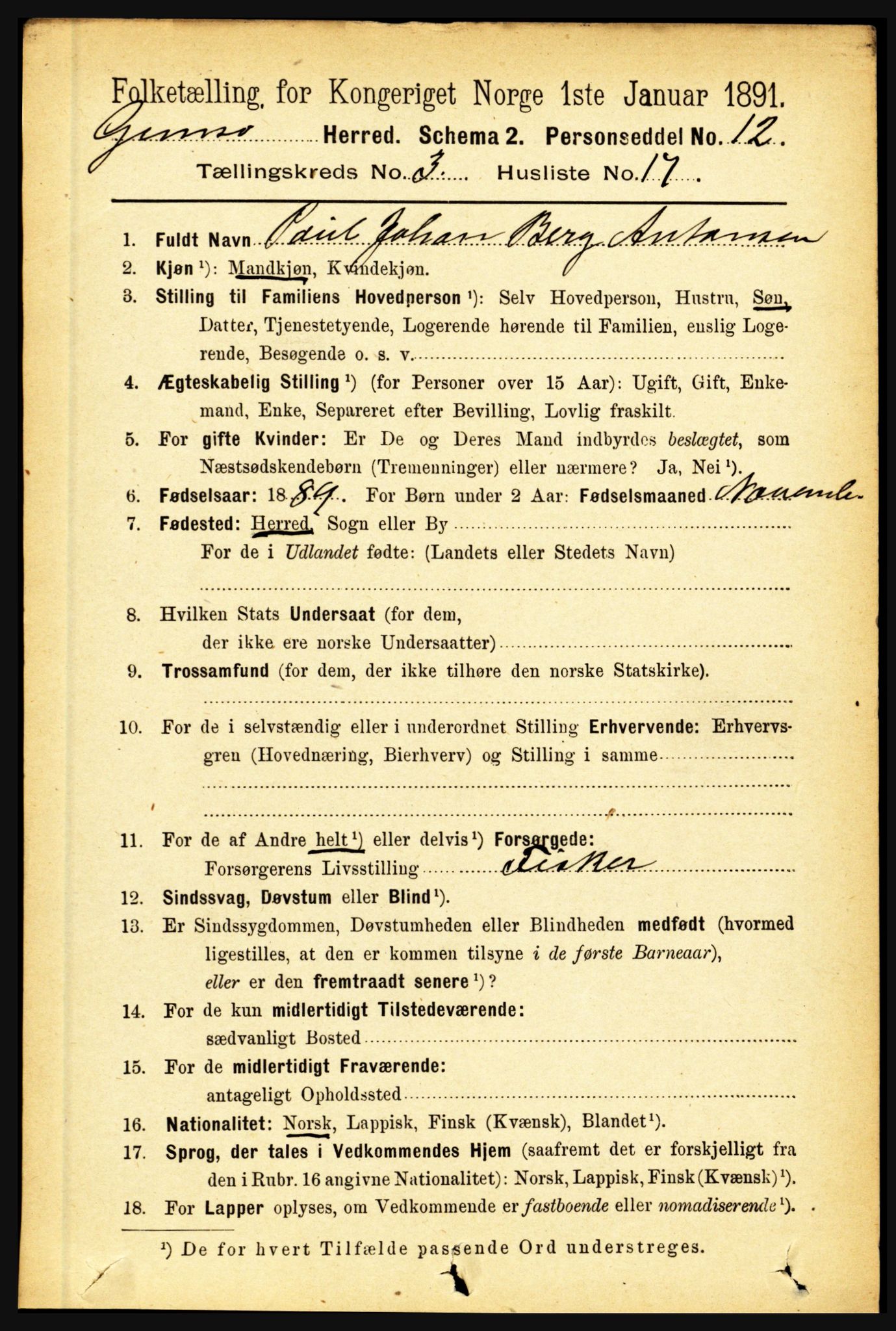 RA, 1891 census for 1864 Gimsøy, 1891, p. 603