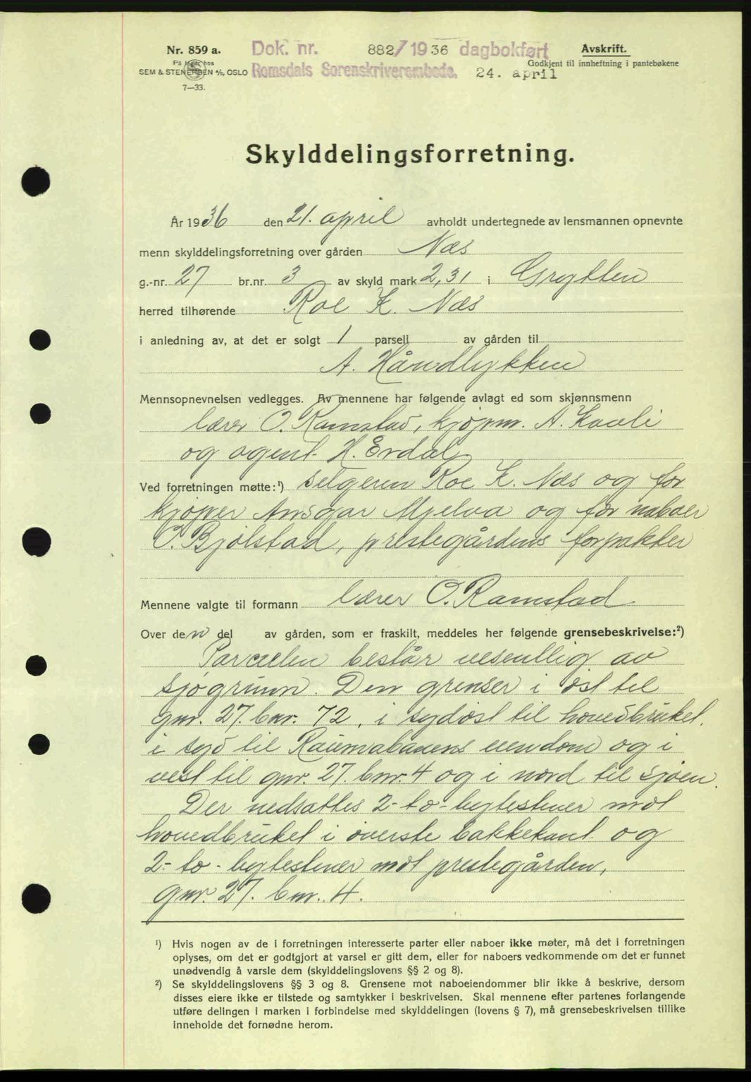 Romsdal sorenskriveri, AV/SAT-A-4149/1/2/2C: Mortgage book no. A1, 1936-1936, Diary no: : 882/1936