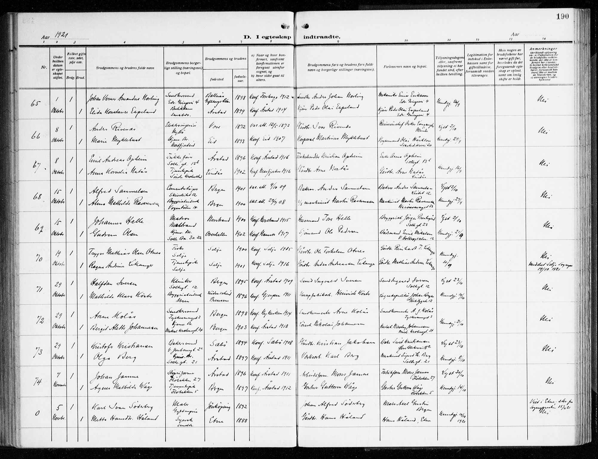 Årstad Sokneprestembete, SAB/A-79301/H/Haa/L0004: Parish register (official) no. A 4, 1919-1928, p. 190