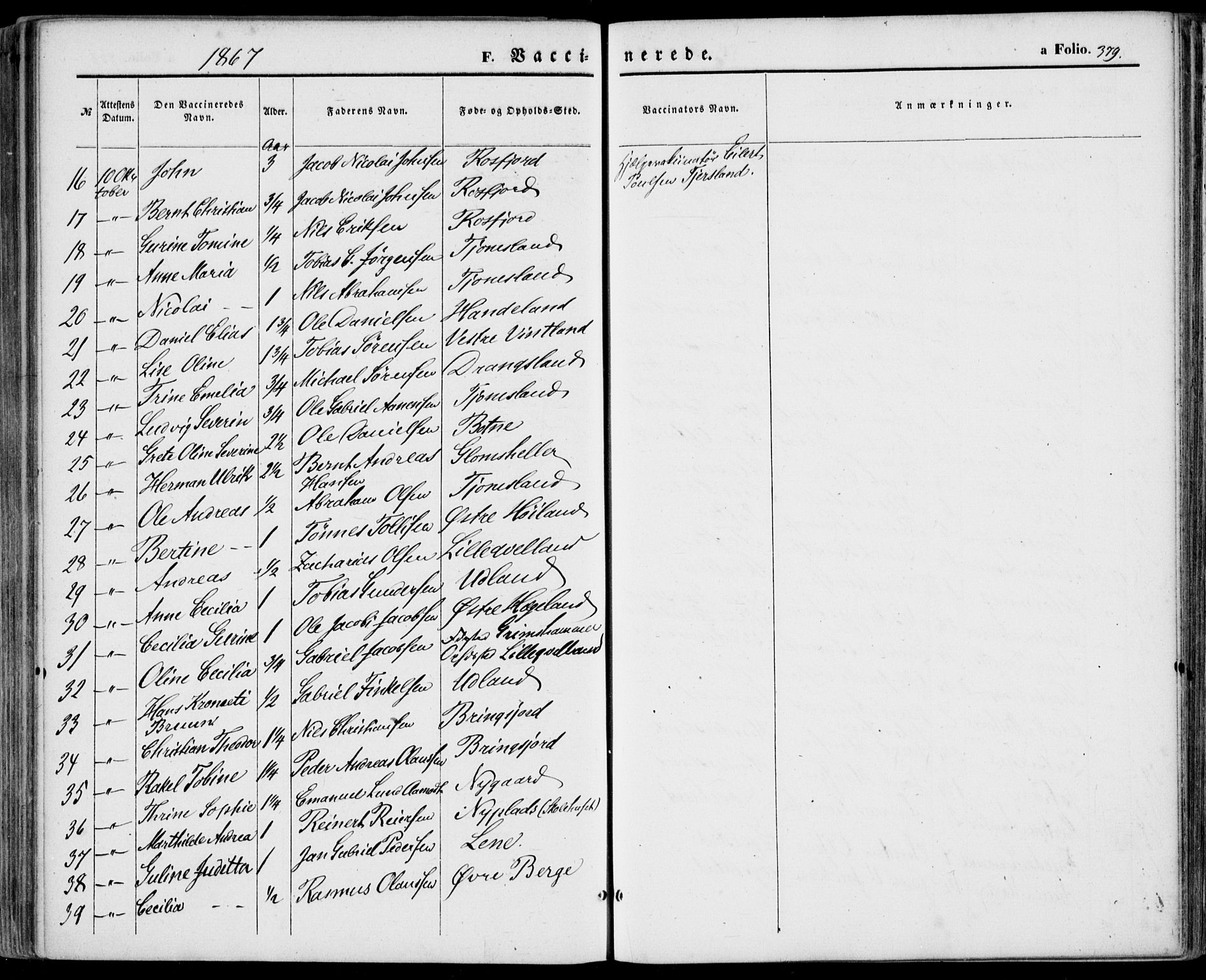 Lyngdal sokneprestkontor, SAK/1111-0029/F/Fa/Fac/L0010: Parish register (official) no. A 10, 1865-1878, p. 379