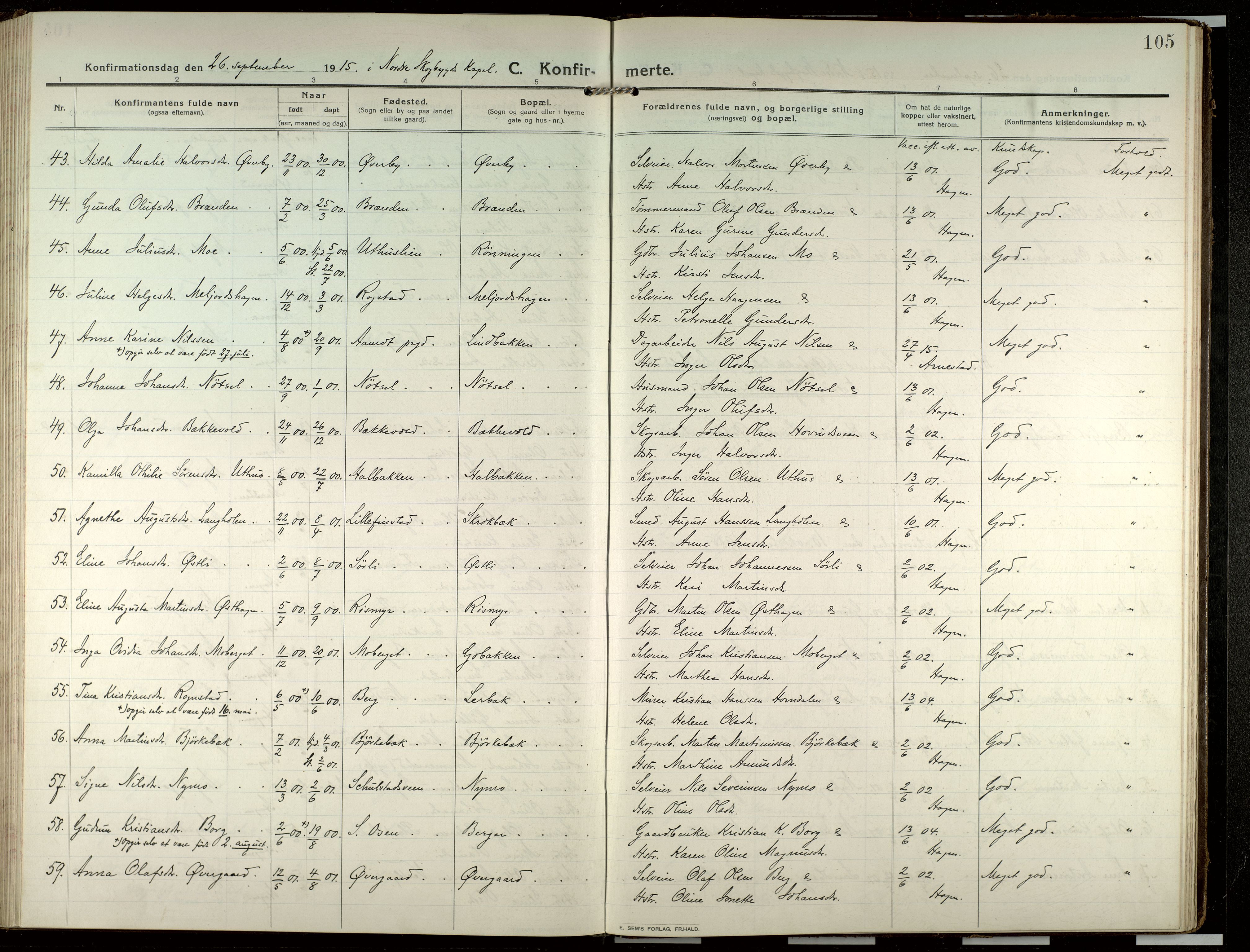 Elverum prestekontor, SAH/PREST-044/H/Ha/Haa/L0022: Parish register (official) no. 22, 1913-1924, p. 105