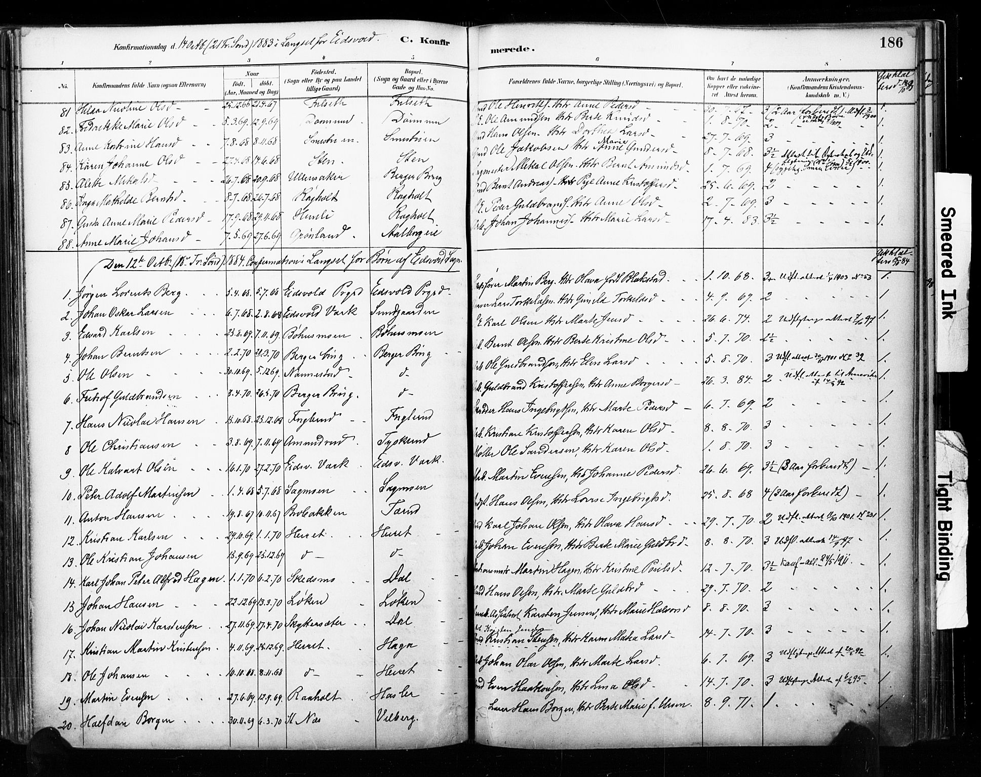 Eidsvoll prestekontor Kirkebøker, SAO/A-10888/F/Fa/L0002: Parish register (official) no. I 2, 1882-1895, p. 186