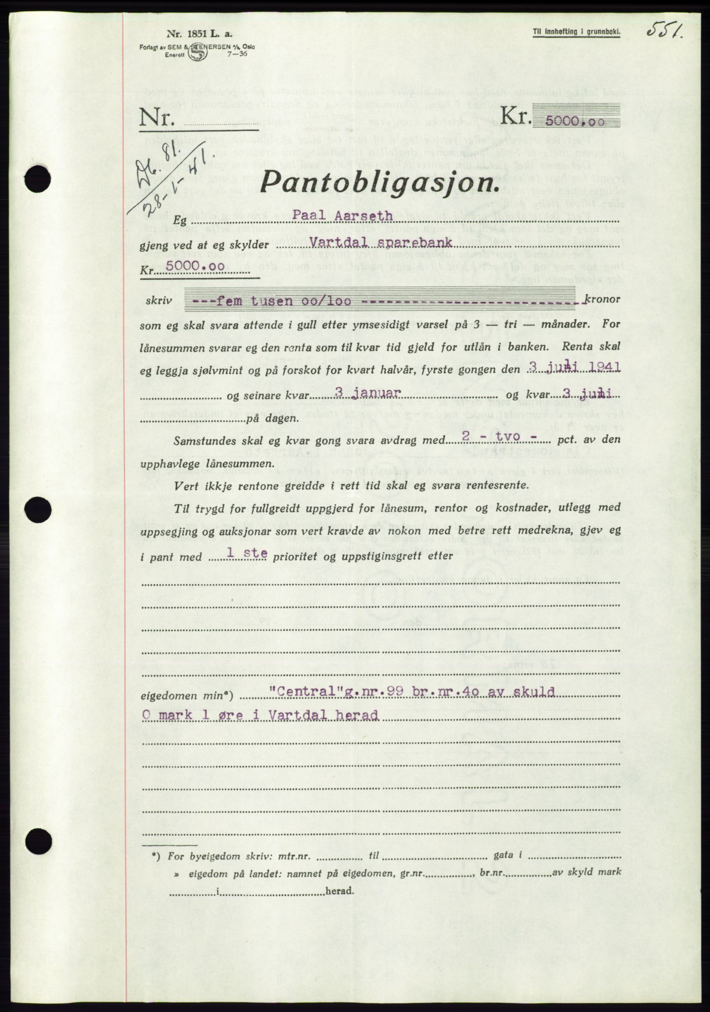 Søre Sunnmøre sorenskriveri, AV/SAT-A-4122/1/2/2C/L0070: Mortgage book no. 64, 1940-1941, Diary no: : 81/1941