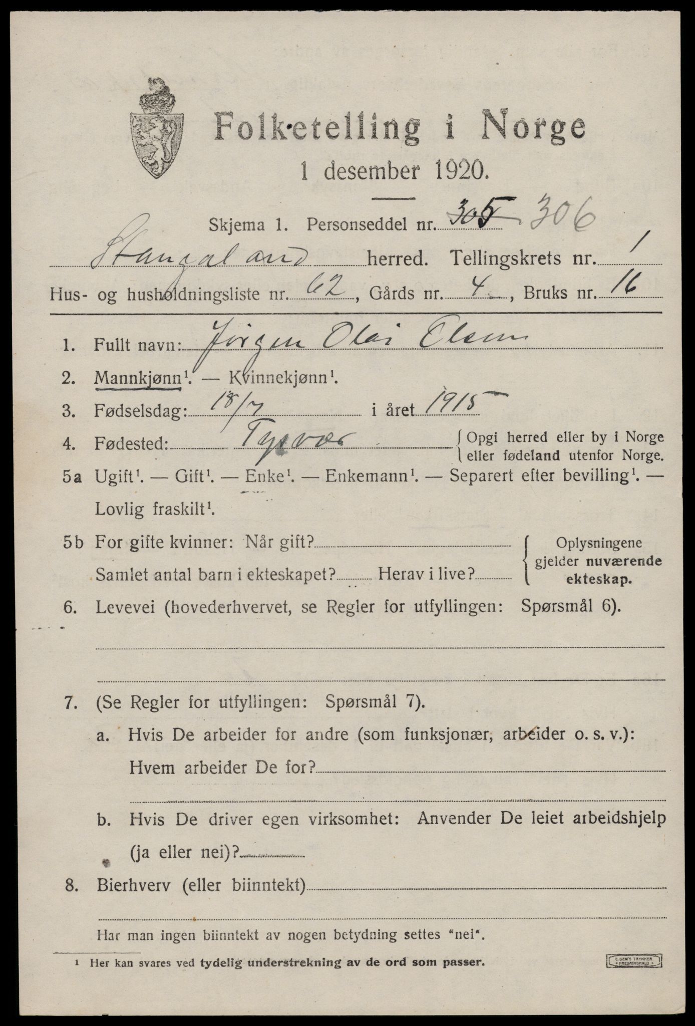 SAST, 1920 census for Stangaland, 1920, p. 1195