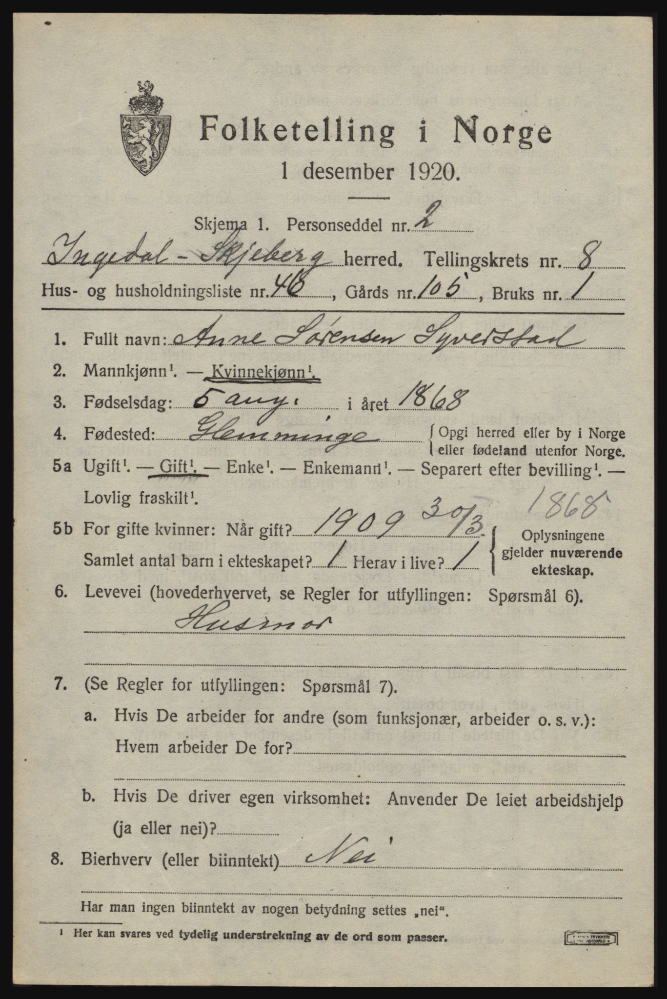 SAO, 1920 census for Skjeberg, 1920, p. 8385