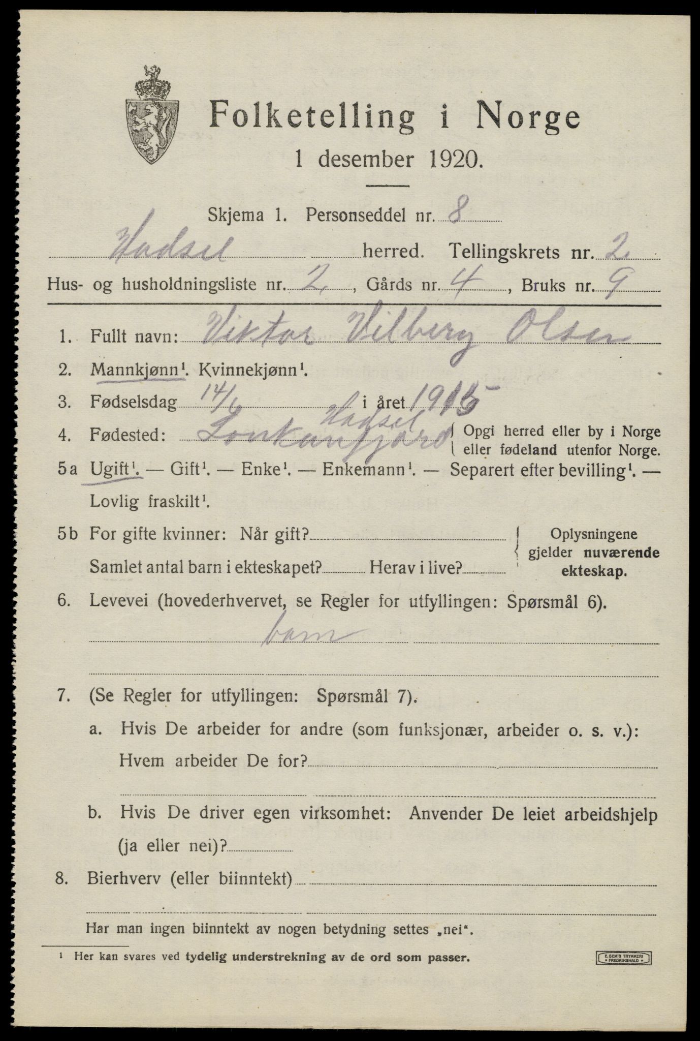 SAT, 1920 census for Hadsel, 1920, p. 3994