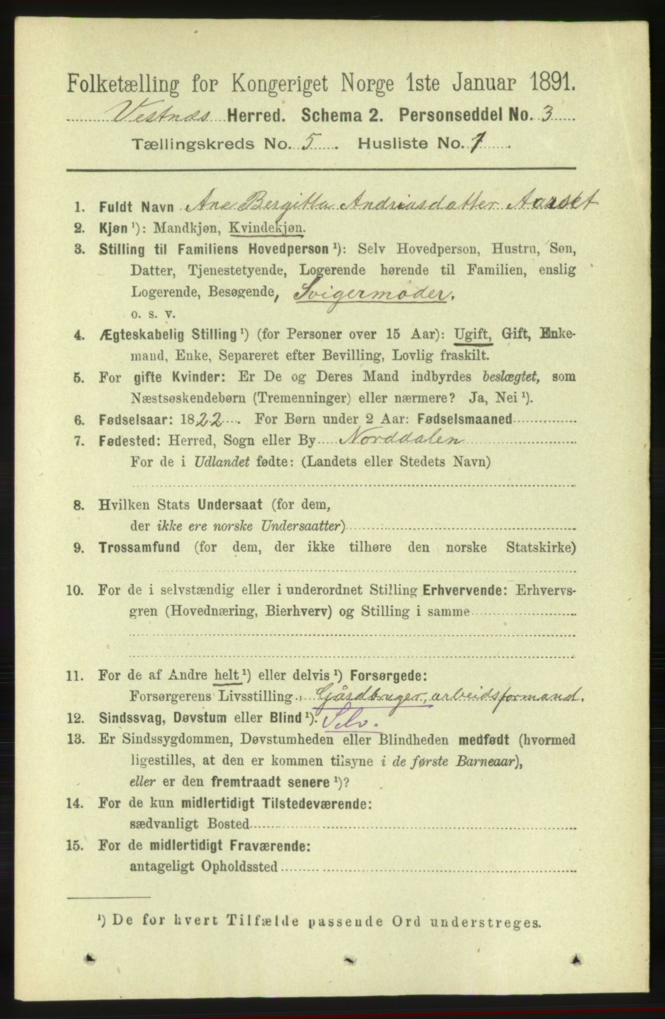 RA, 1891 census for 1535 Vestnes, 1891, p. 1830