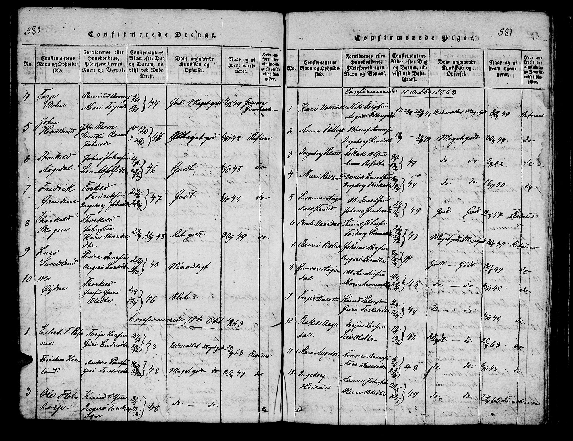 Bjelland sokneprestkontor, AV/SAK-1111-0005/F/Fb/Fbc/L0001: Parish register (copy) no. B 1, 1815-1870, p. 580-581