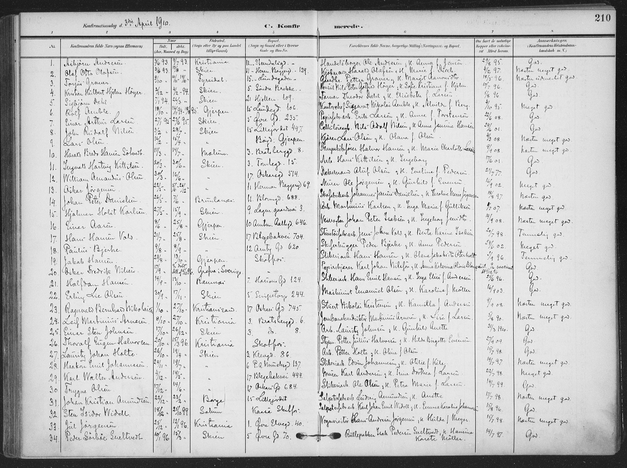 Skien kirkebøker, SAKO/A-302/F/Fa/L0012: Parish register (official) no. 12, 1908-1914, p. 210