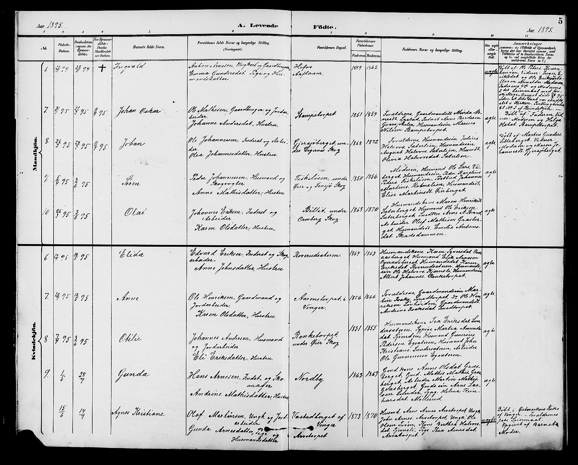 Brandval prestekontor, AV/SAH-PREST-034/H/Ha/Hab/L0001: Parish register (copy) no. 1, 1895-1910, p. 5