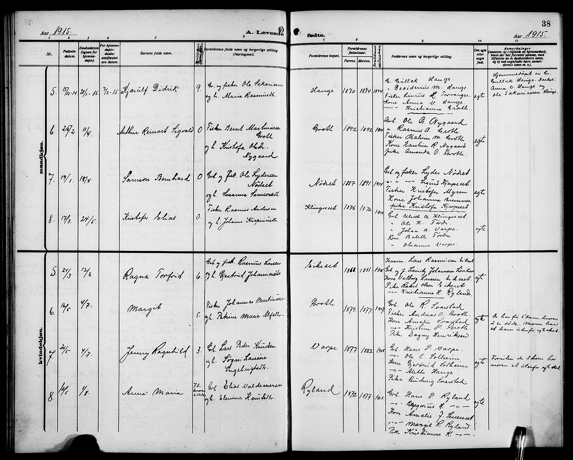 Bremanger sokneprestembete, AV/SAB-A-82201/H/Hab/Habc/L0001: Parish register (copy) no. C 1, 1908-1919, p. 38