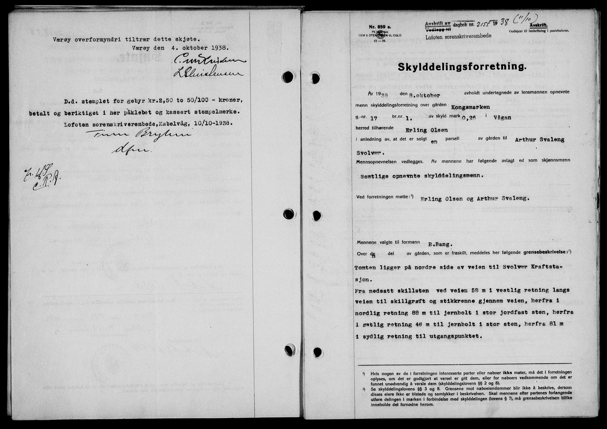 Lofoten sorenskriveri, SAT/A-0017/1/2/2C/L0004a: Mortgage book no. 4a, 1938-1938, Diary no: : 2155/1938