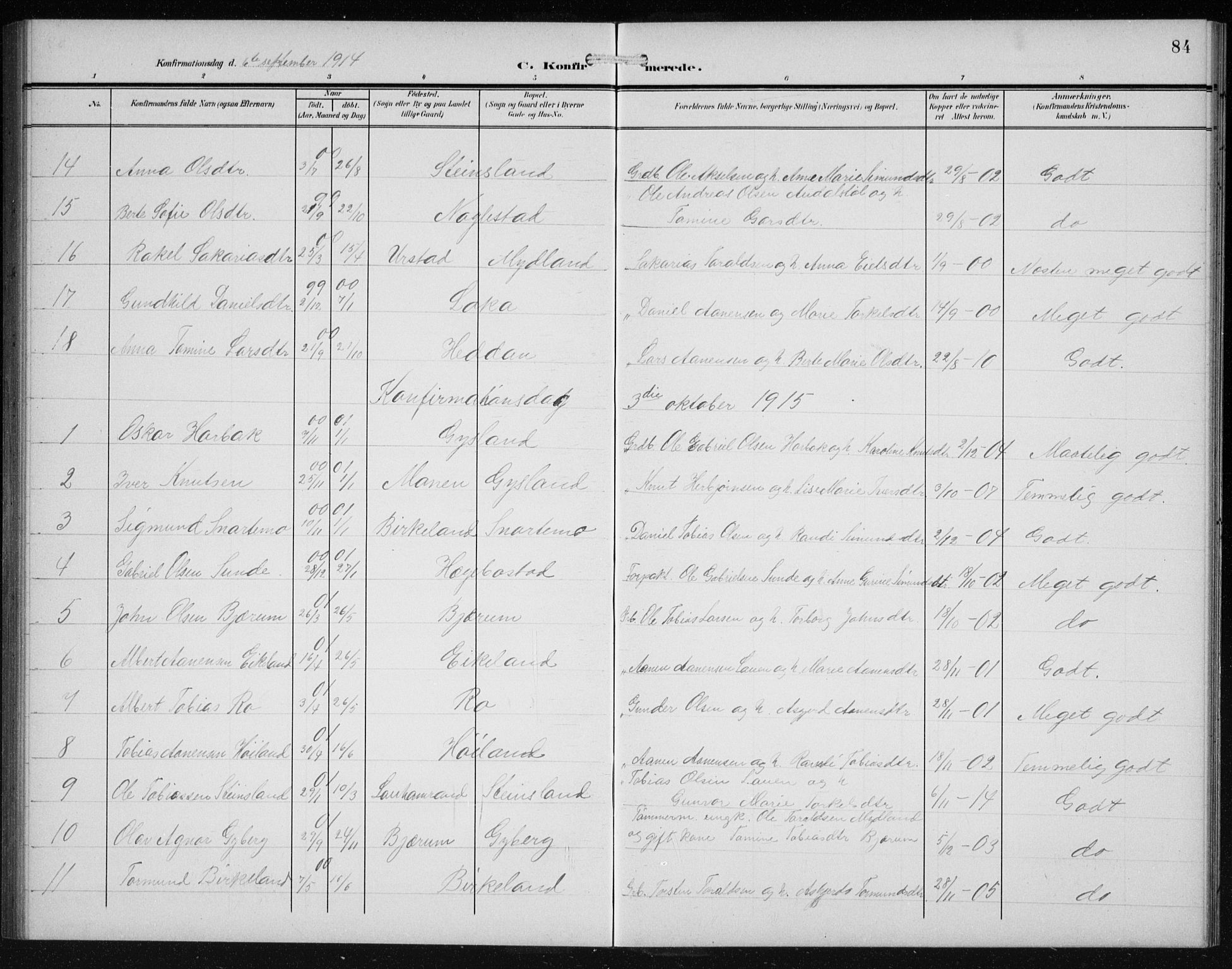 Hægebostad sokneprestkontor, SAK/1111-0024/F/Fb/Fba/L0005: Parish register (copy) no. B 5, 1907-1931, p. 84