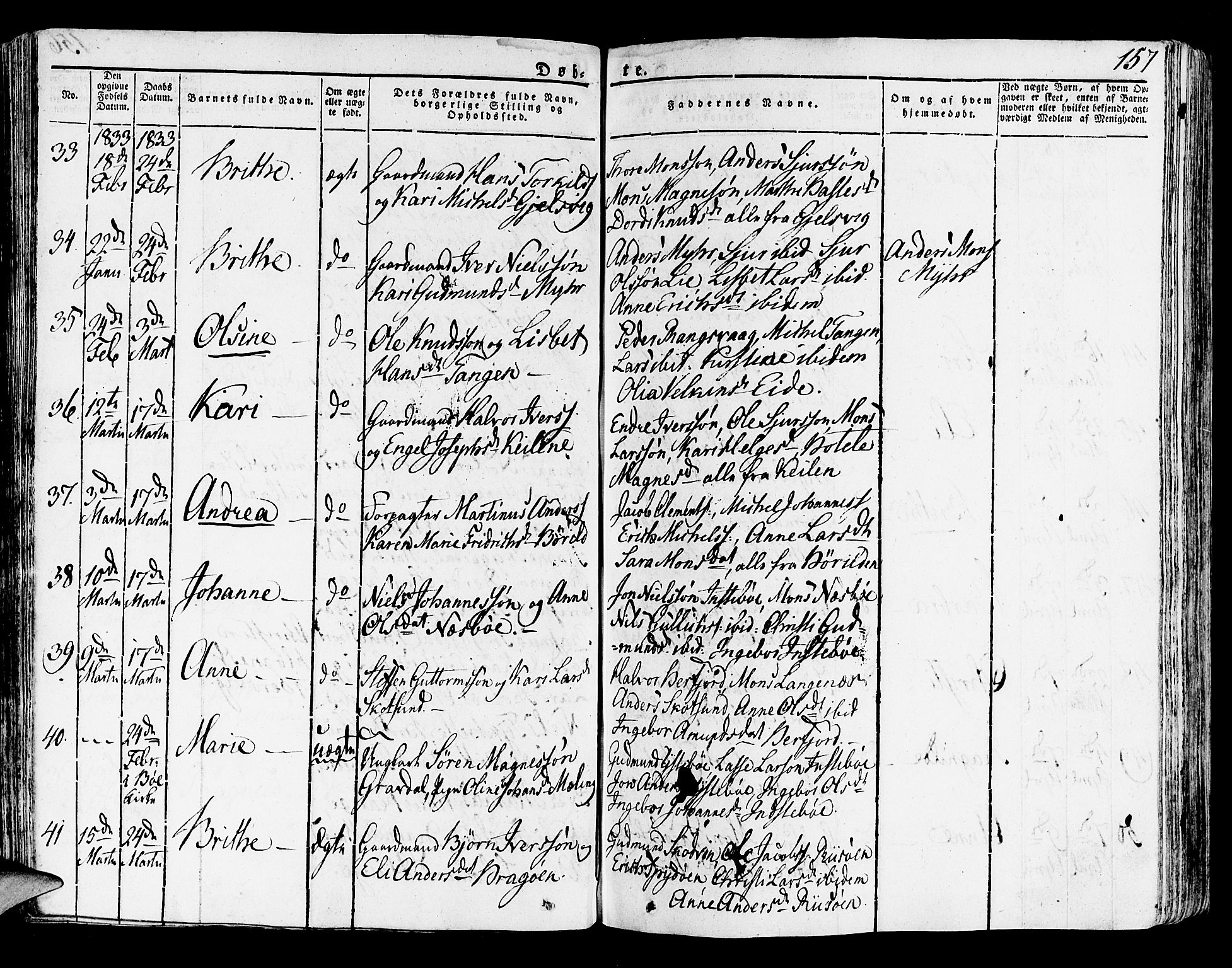 Lindås Sokneprestembete, AV/SAB-A-76701/H/Haa/Haaa/L0008: Parish register (official) no. A 8, 1823-1836, p. 157