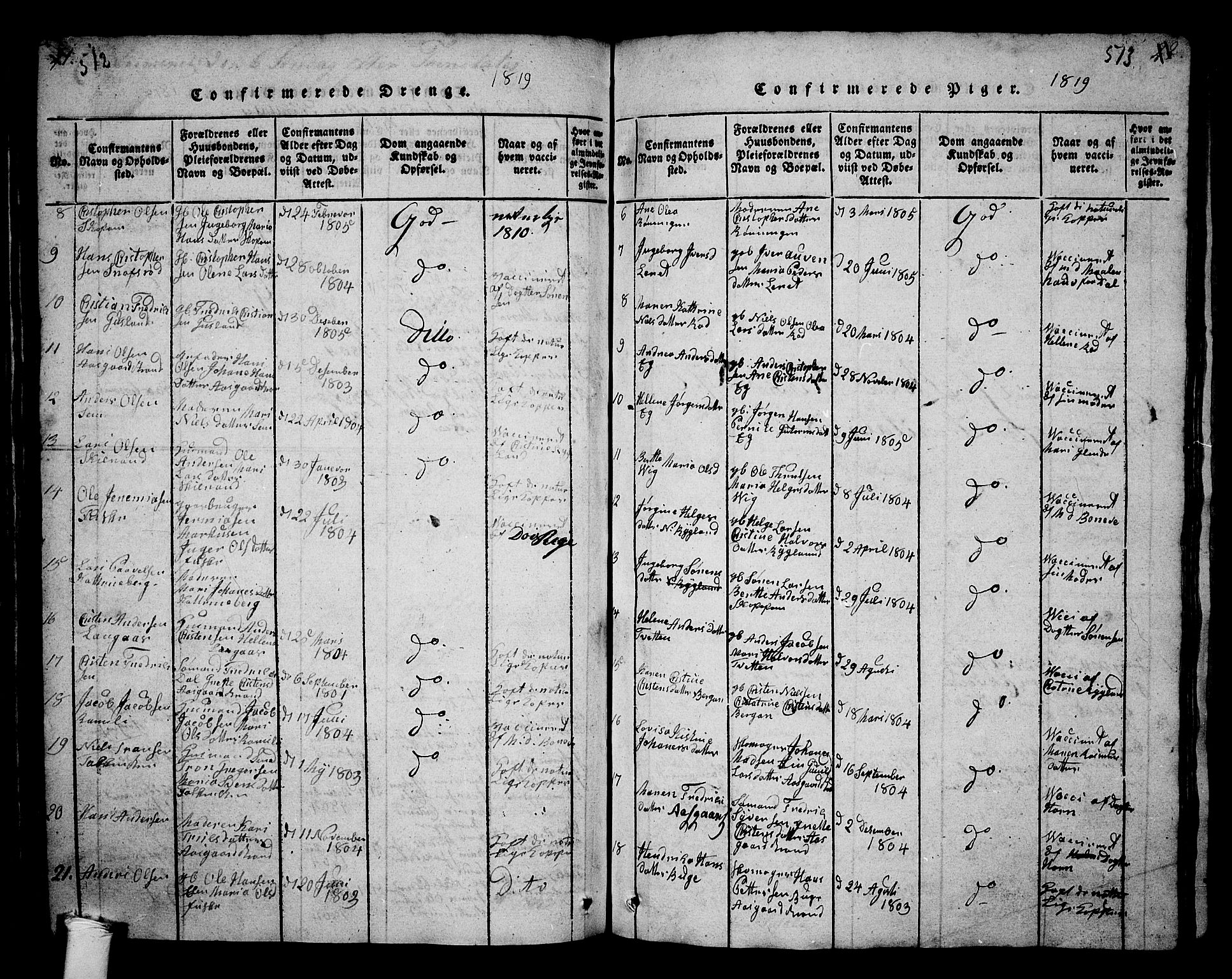 Borre kirkebøker, SAKO/A-338/G/Ga/L0001: Parish register (copy) no. I 1, 1815-1851, p. 512-513