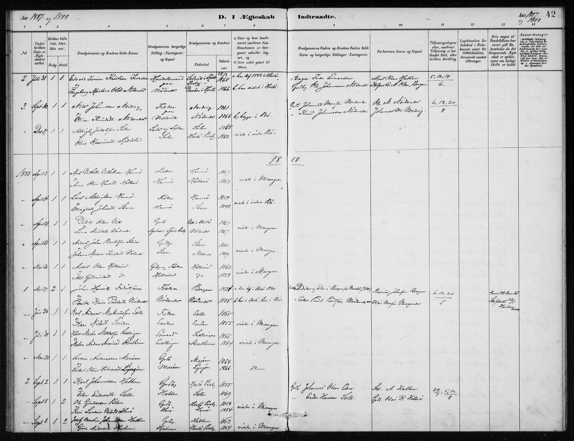 Manger sokneprestembete, SAB/A-76801/H/Haa: Parish register (official) no. E  1, 1881-1890, p. 42