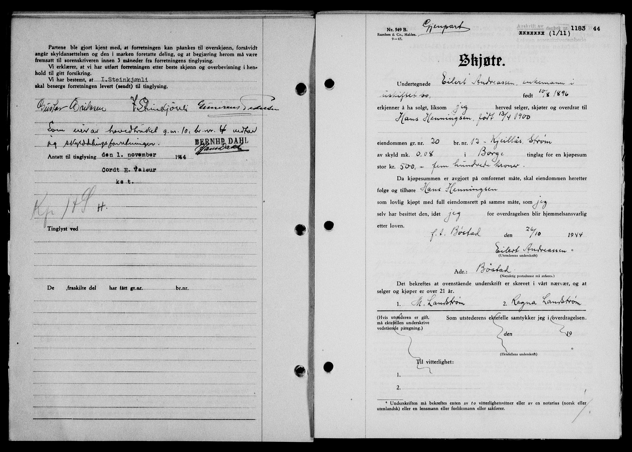 Lofoten sorenskriveri, SAT/A-0017/1/2/2C/L0012a: Mortgage book no. 12a, 1943-1944, Diary no: : 1183/1944