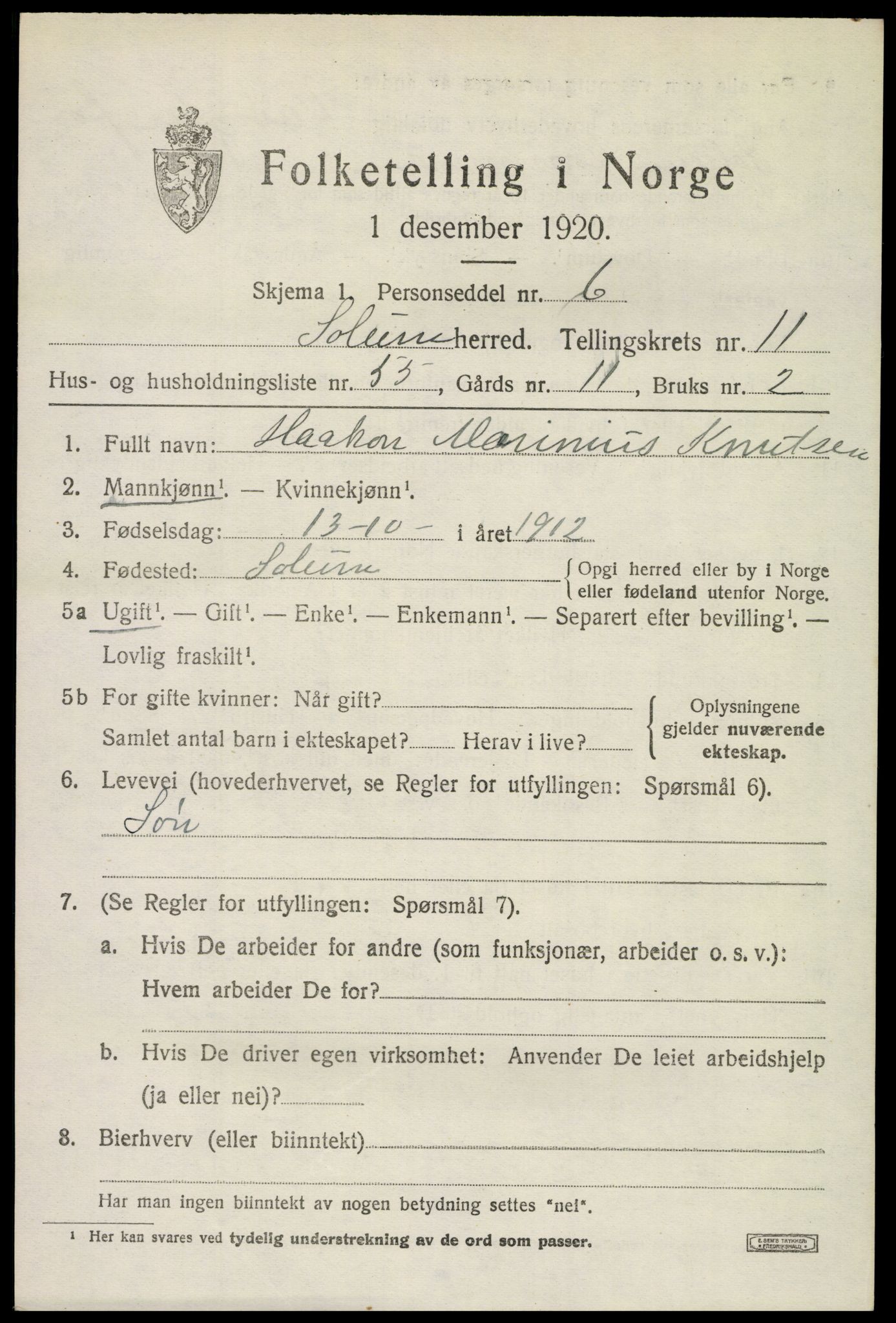 SAKO, 1920 census for Solum, 1920, p. 16420