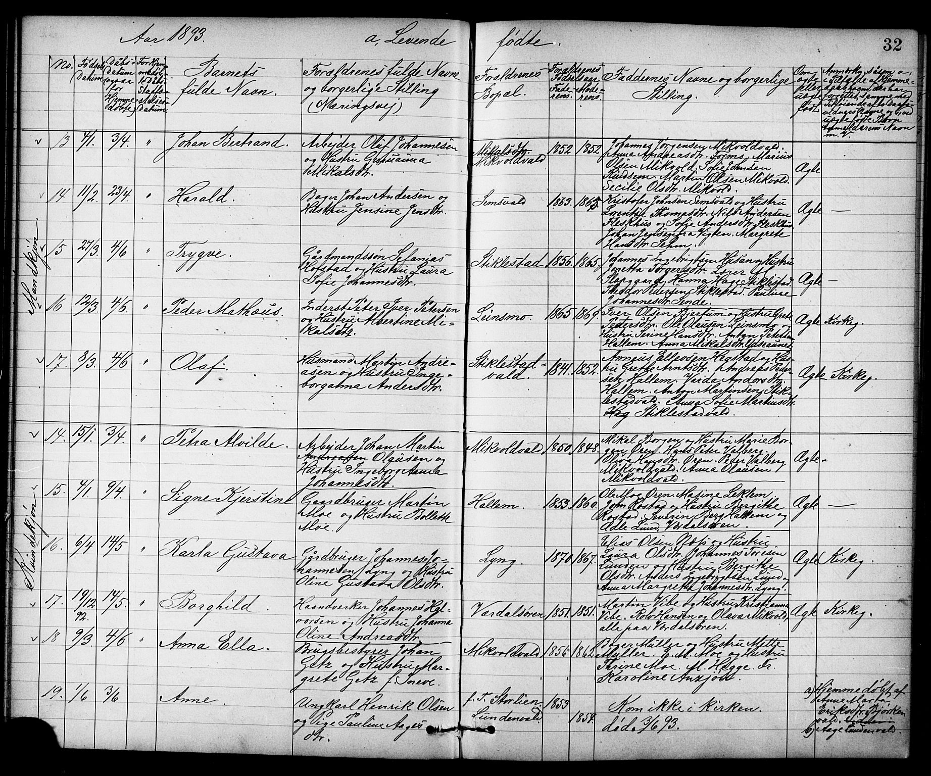 Ministerialprotokoller, klokkerbøker og fødselsregistre - Nord-Trøndelag, AV/SAT-A-1458/723/L0257: Parish register (copy) no. 723C05, 1890-1907, p. 32