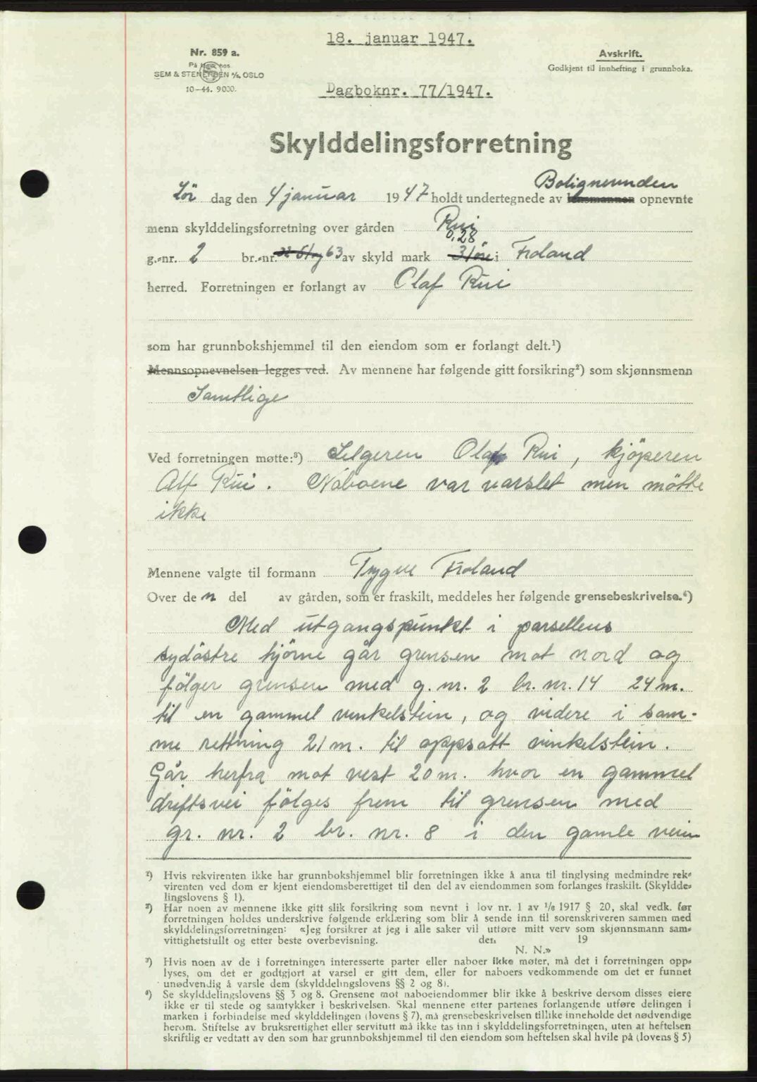 Nedenes sorenskriveri, AV/SAK-1221-0006/G/Gb/Gba/L0056: Mortgage book no. A8, 1946-1947, Diary no: : 77/1947