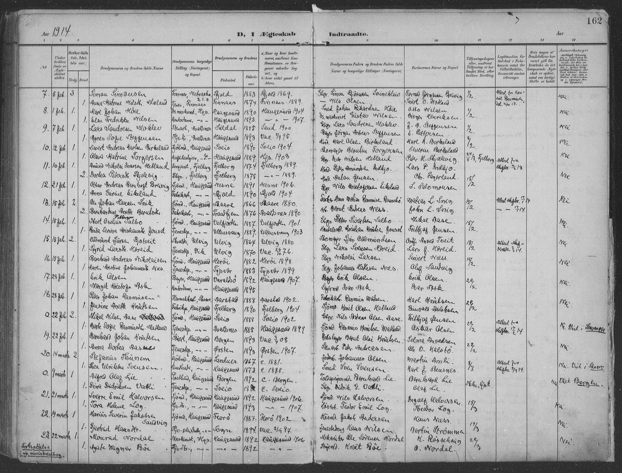 Haugesund sokneprestkontor, AV/SAST-A -101863/H/Ha/Haa/L0007: Parish register (official) no. A 7, 1904-1916, p. 162