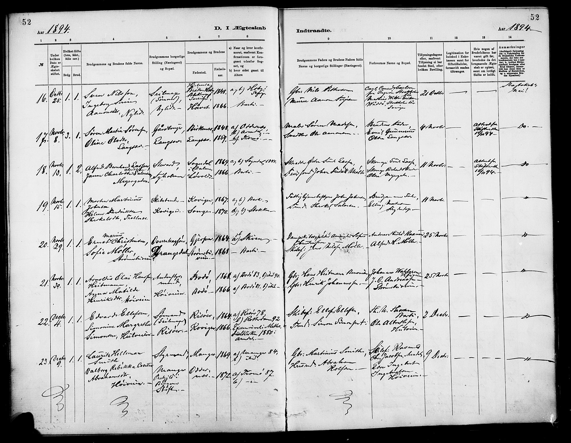 Barbu sokneprestkontor, AV/SAK-1111-0003/F/Fa/L0003: Parish register (official) no. A 3, 1883-1898, p. 52