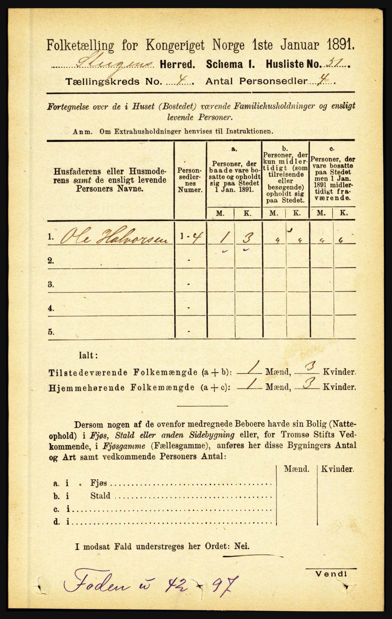 RA, 1891 census for 1848 Steigen, 1891, p. 1443