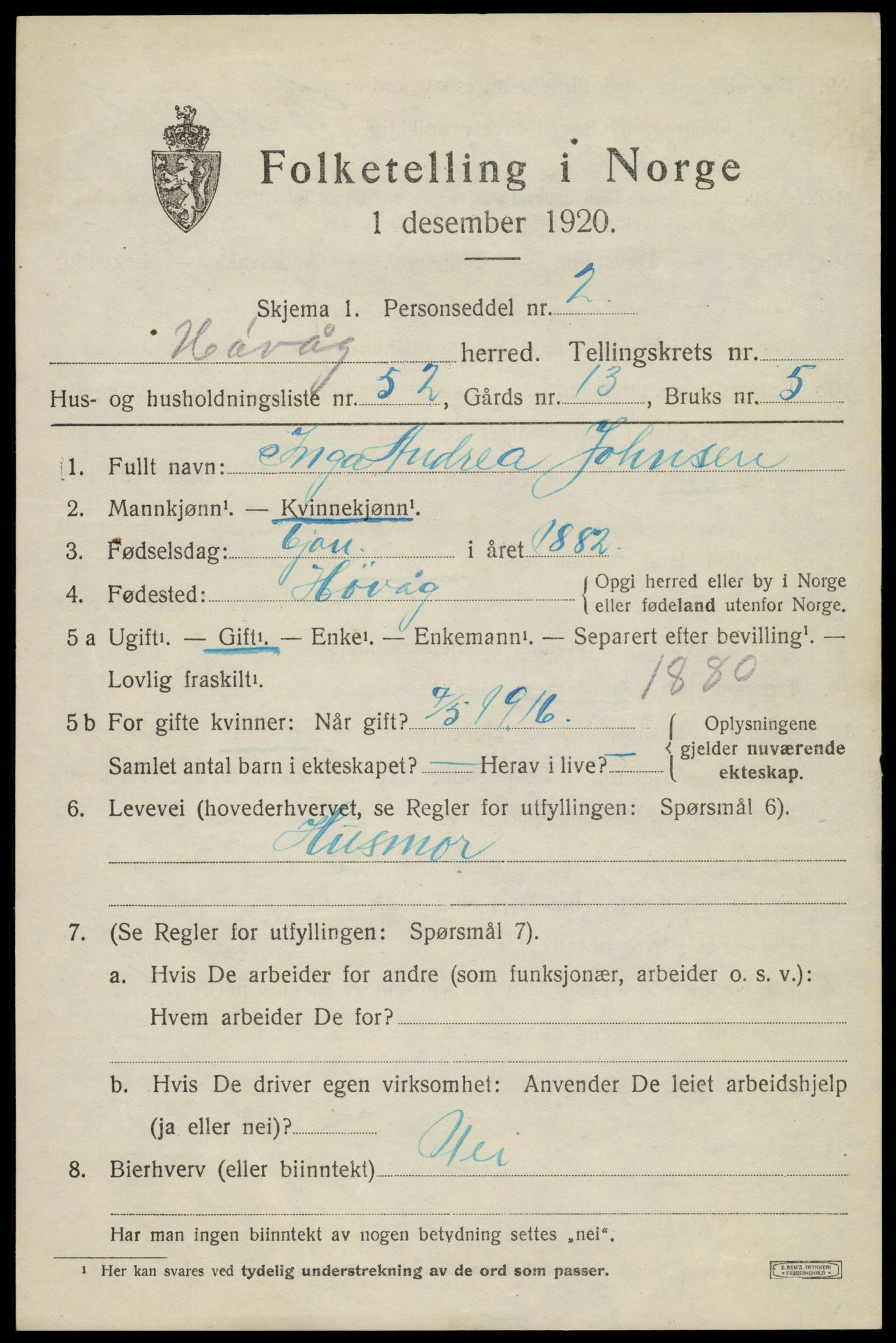 SAK, 1920 census for Høvåg, 1920, p. 3088