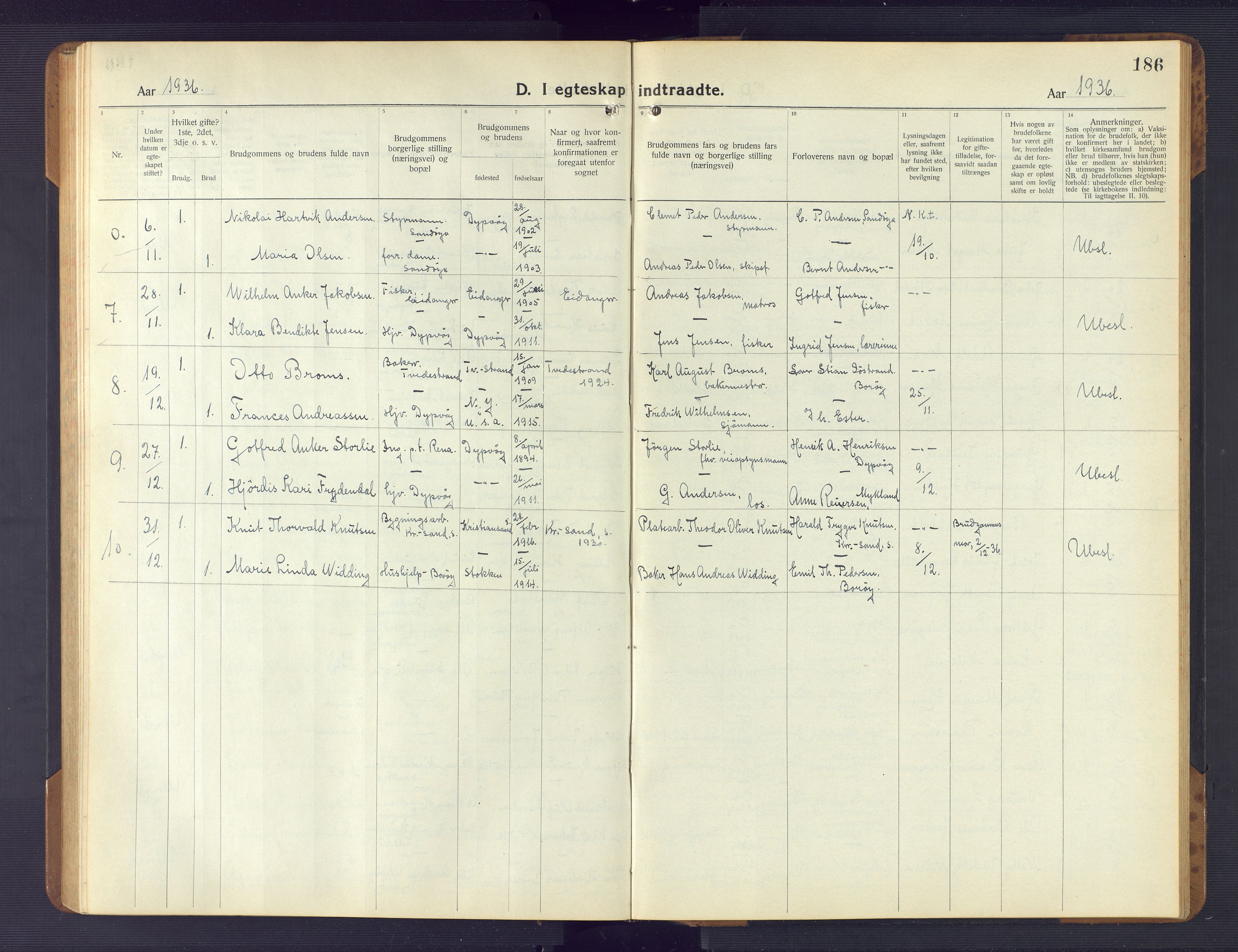 Dypvåg sokneprestkontor, AV/SAK-1111-0007/F/Fb/Fba/L0015: Parish register (copy) no. B 15, 1922-1949, p. 186