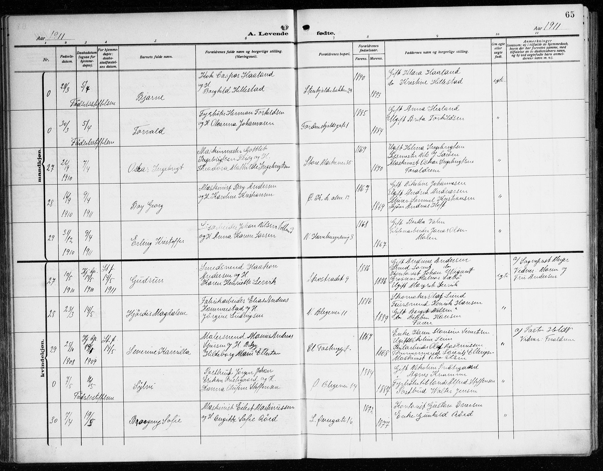 Korskirken sokneprestembete, AV/SAB-A-76101/H/Haa: Parish register (official) no. B 10, 1909-1923, p. 65