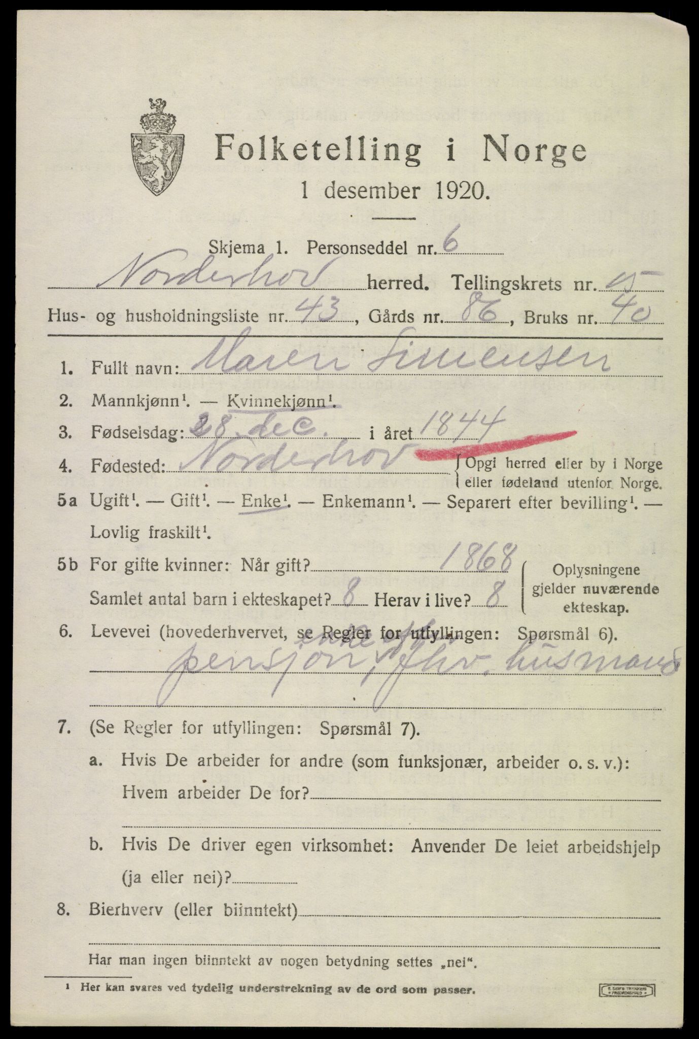 SAKO, 1920 census for Norderhov, 1920, p. 16776