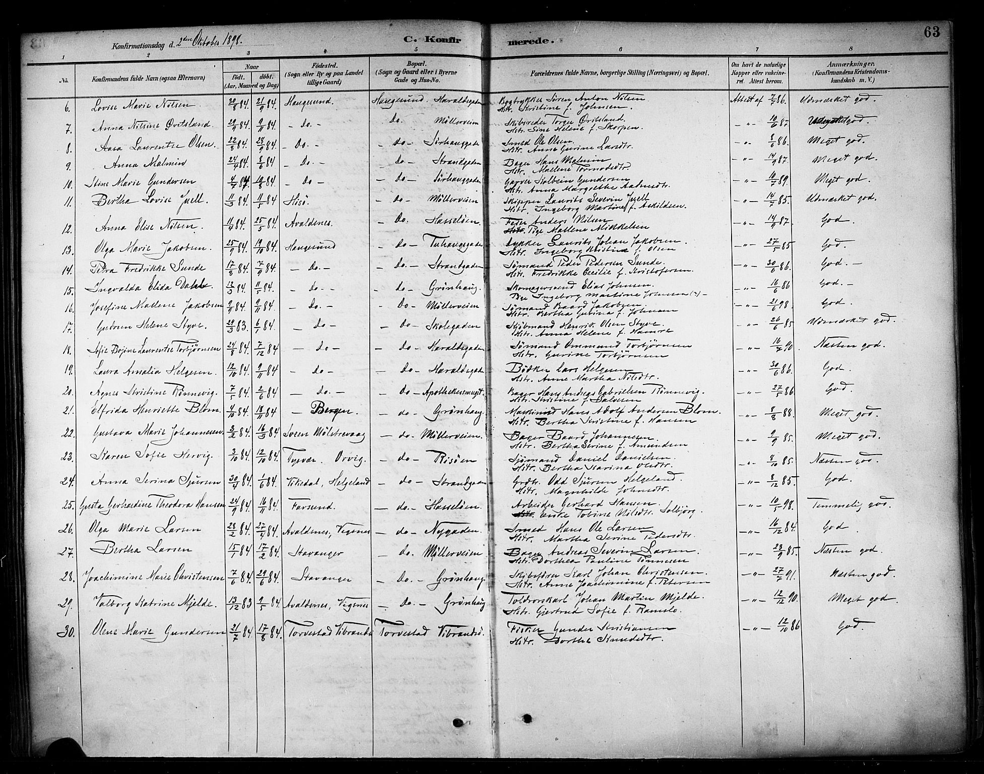 Haugesund sokneprestkontor, AV/SAST-A -101863/H/Ha/Haa/L0005: Parish register (official) no. A 5, 1891-1903, p. 63