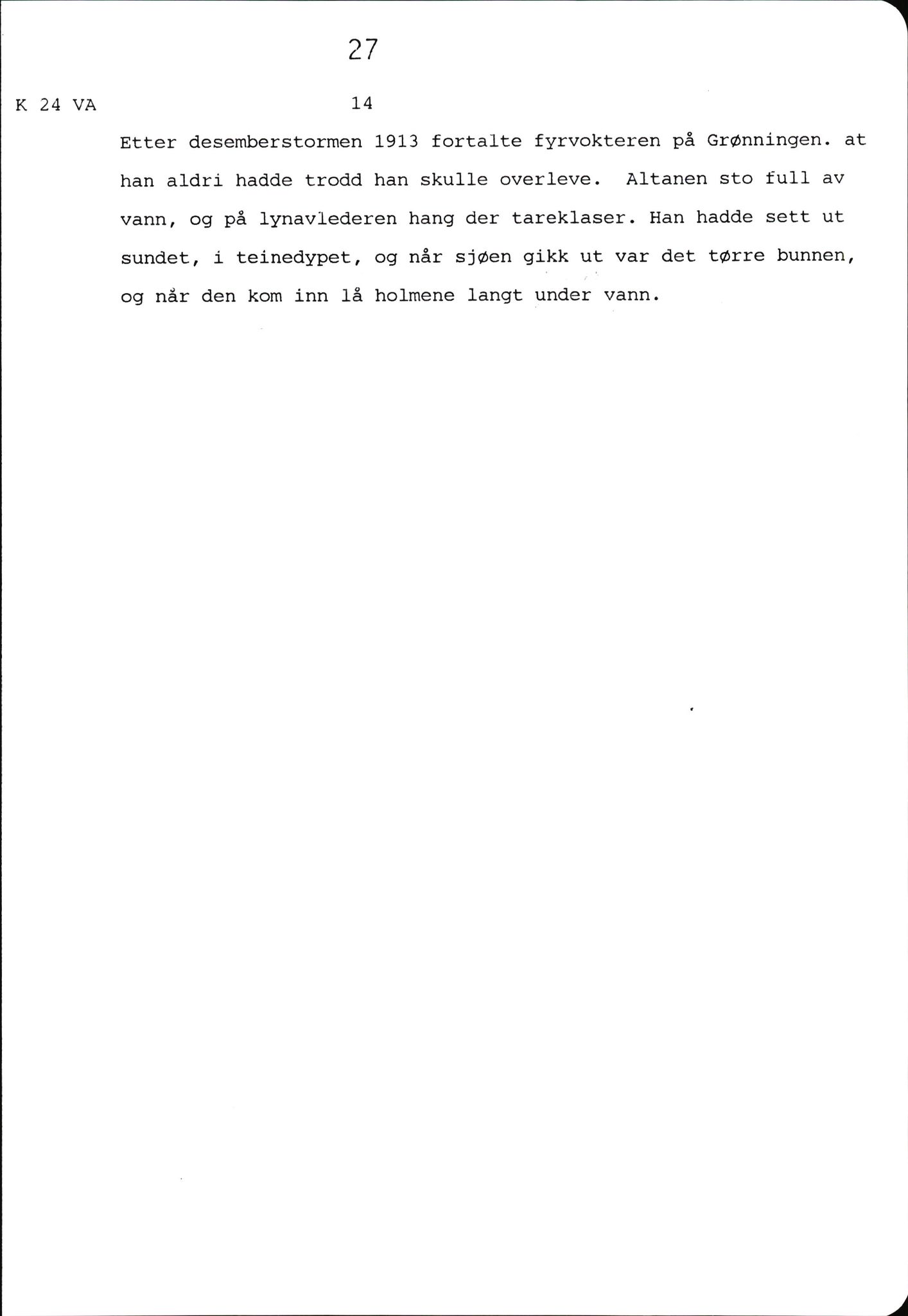 Hartvig W. Dannevig, AV/SAK-D/0508/F/Fb/L0012C: Katalog og sammendrag over Hartvig Dannevigs samling av intervjuer om kystkultur på Agder, 1964-1972, p. 27