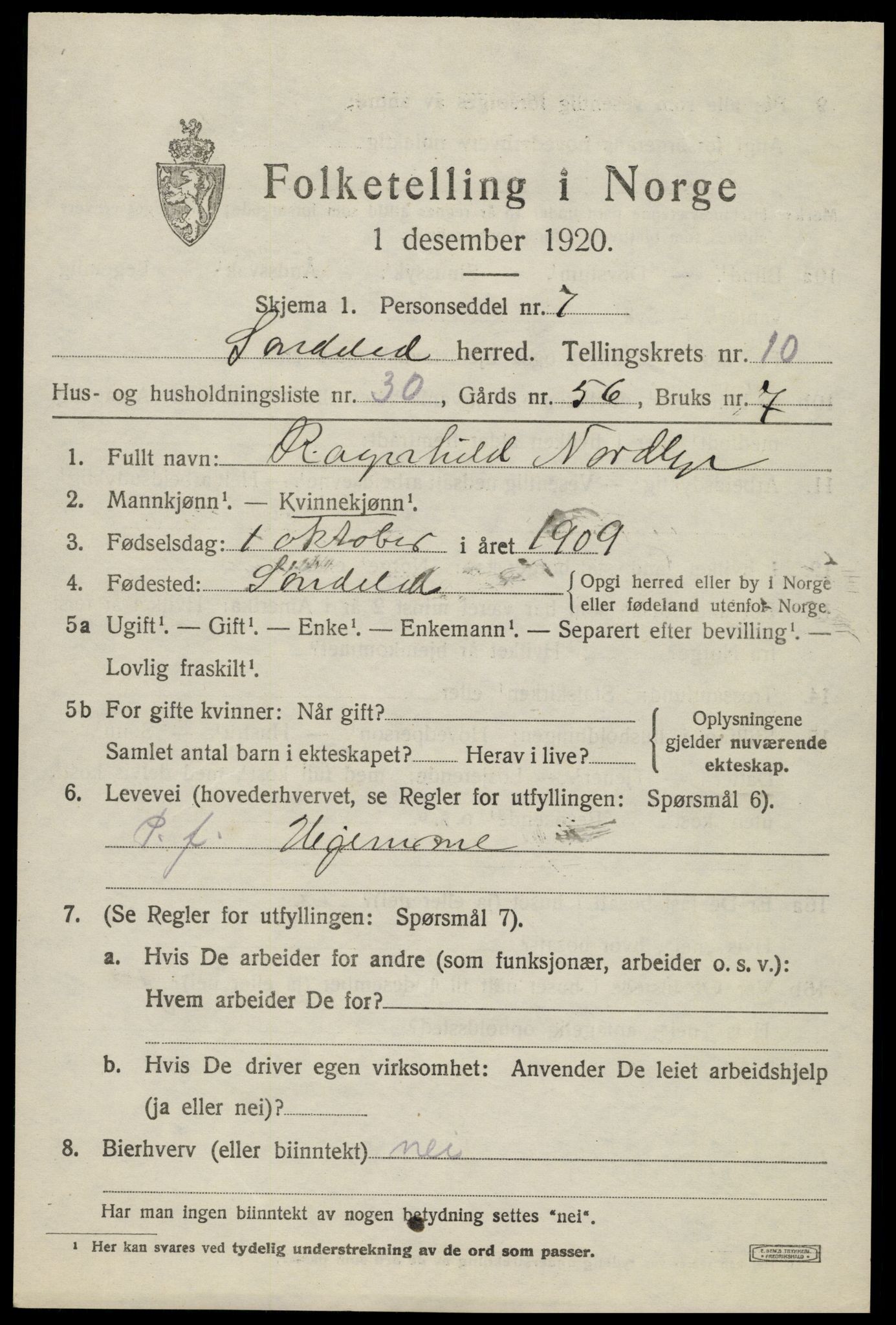 SAK, 1920 census for Søndeled, 1920, p. 5307