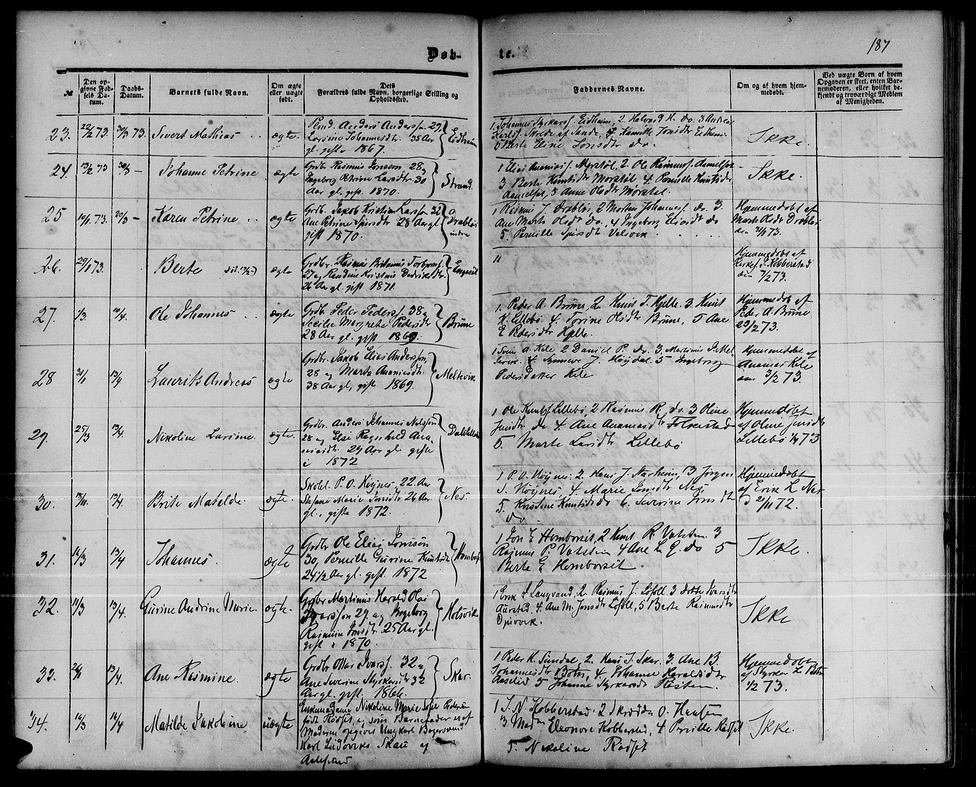 Ministerialprotokoller, klokkerbøker og fødselsregistre - Møre og Romsdal, AV/SAT-A-1454/511/L0157: Parish register (copy) no. 511C03, 1864-1884, p. 187